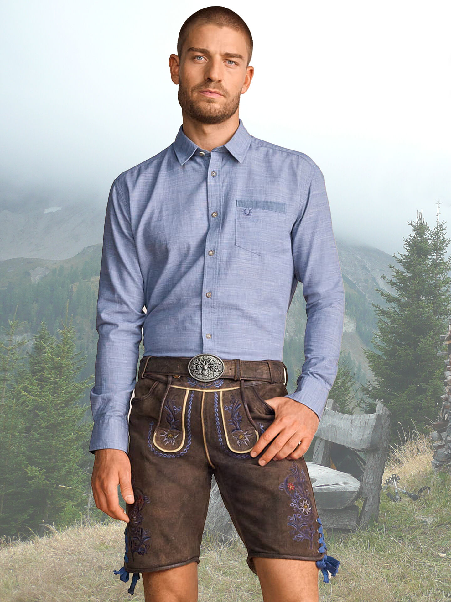 Trachtenlederhose kurze Lederhose Herren Braun-Blau Edelweiß-Stickerei Trachtenlederhose kurze Lederhose Herren Braun-Blau Edelweiß-Stickerei