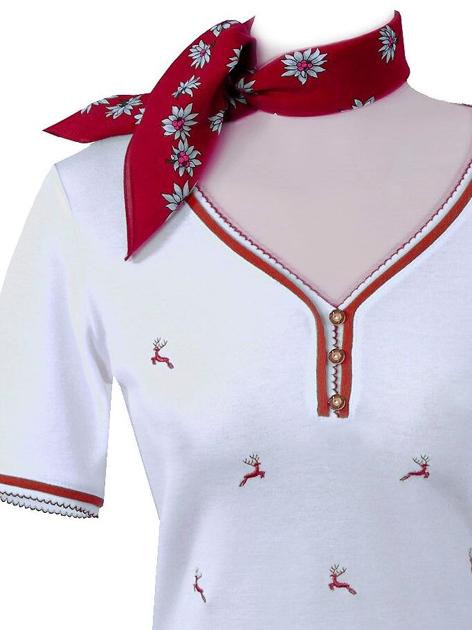 Premium Trachtenshirt Damen T-Shirt Hirsch-Stickerei Weiß-Rot