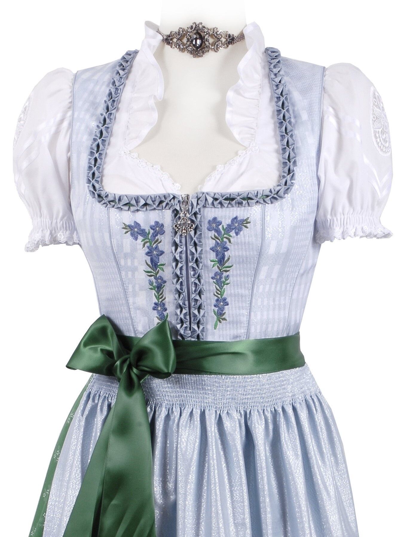 Festliches Midi-Dirndl - kurzes Dirndl + edle Jacquard-Schürze Blau-Grün Festliches Midi-Dirndl - kurzes Dirndl + edle Jacquard-Schürze Blau-Grün