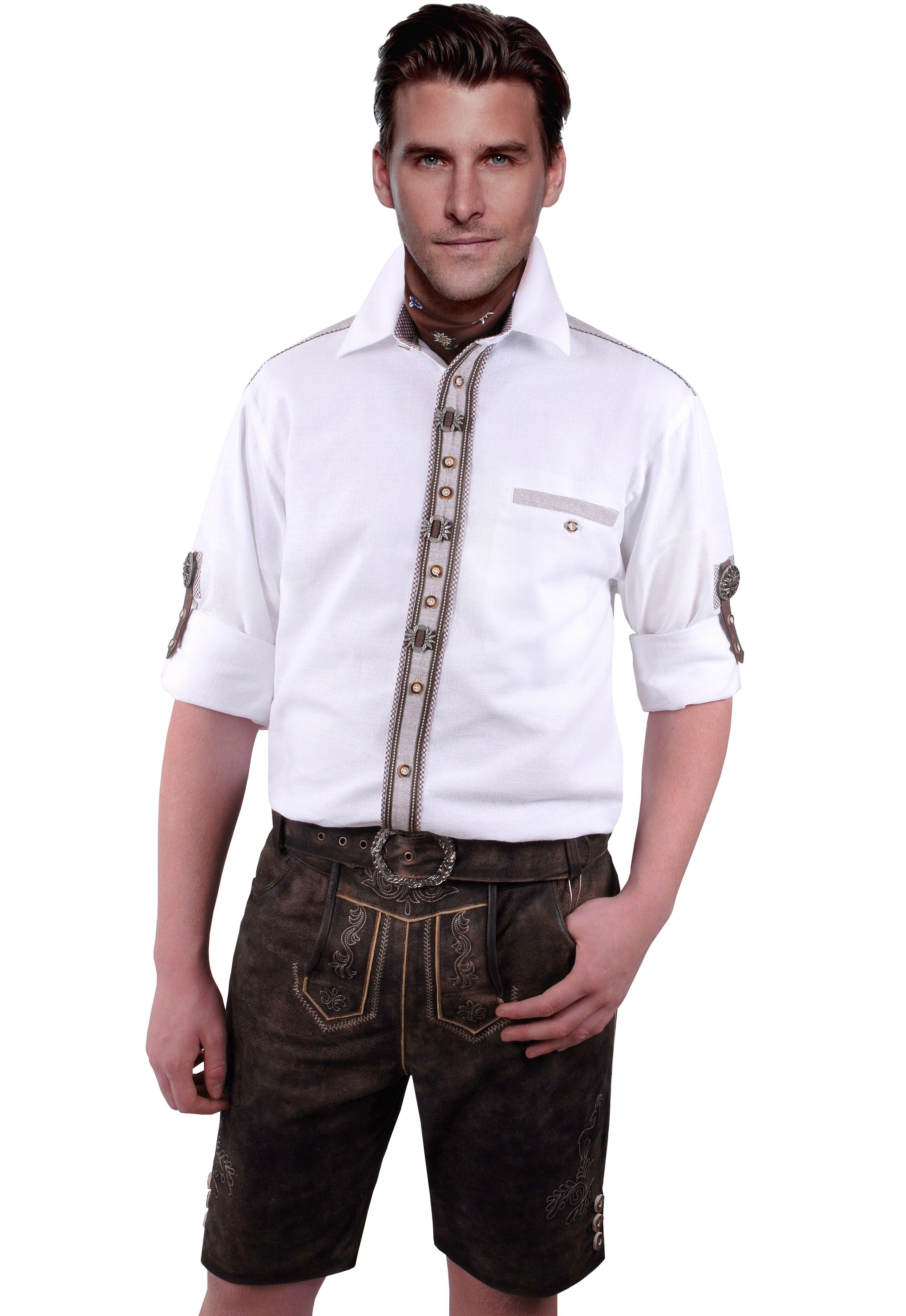 Trachtenhemd Herren Weiß Stickerei + Karo-Besätze Trachtenhemd Herren Weiß Stickerei + Karo-Besätze