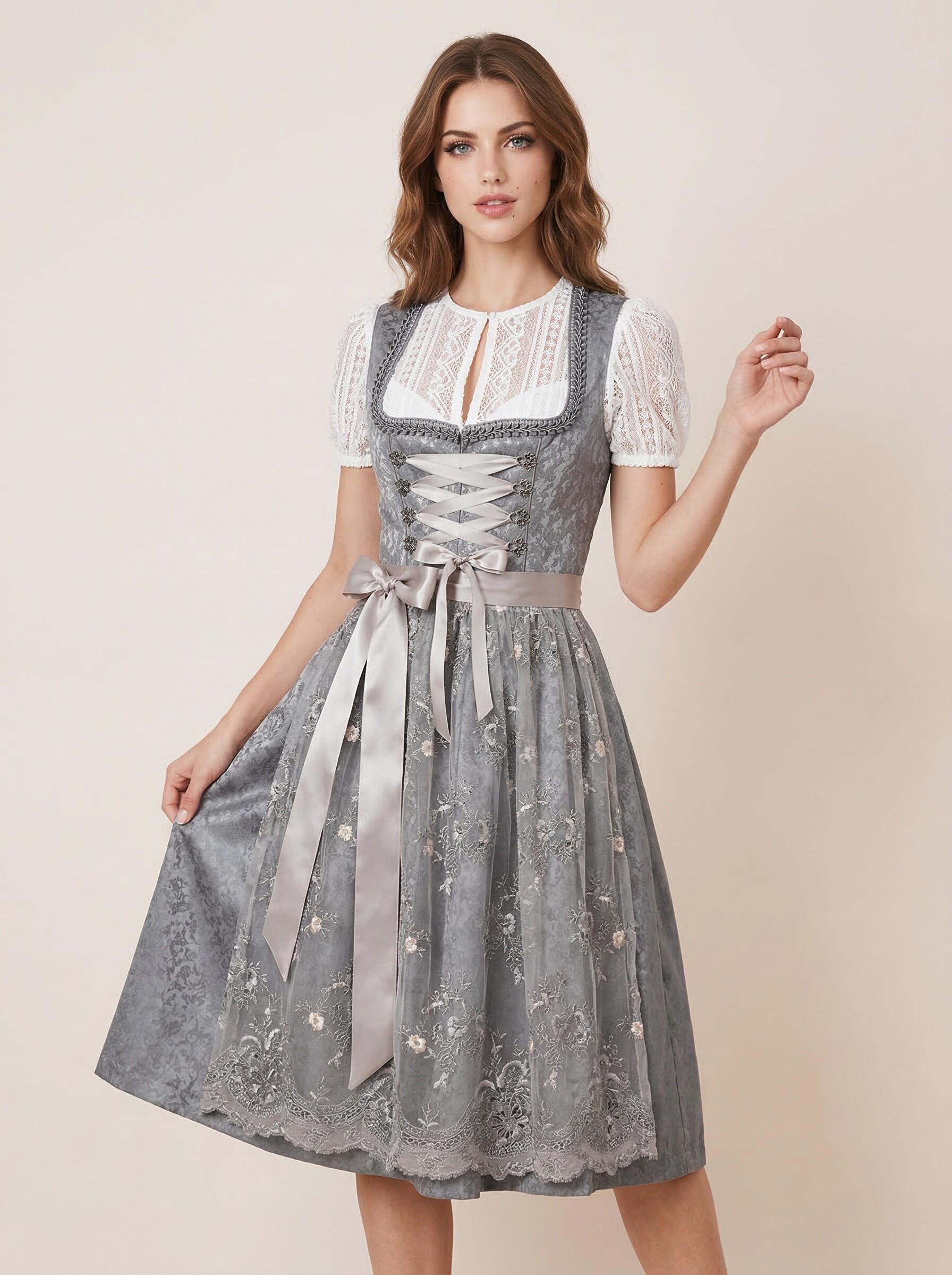 Anthrazit-silbernes Midi Dirndl Marlene für Damen – klassische Frontansicht