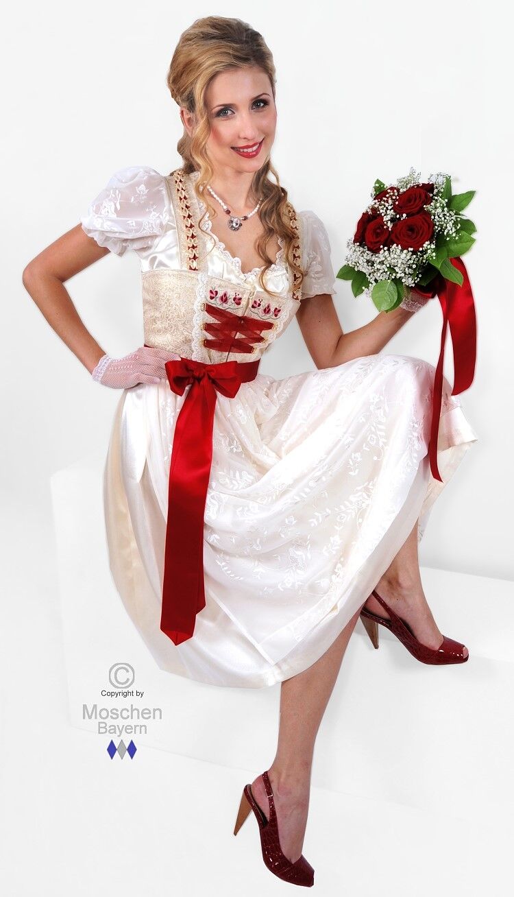 Exklusives Hochzeitsdirndl Brautdirndl Creme/Rot