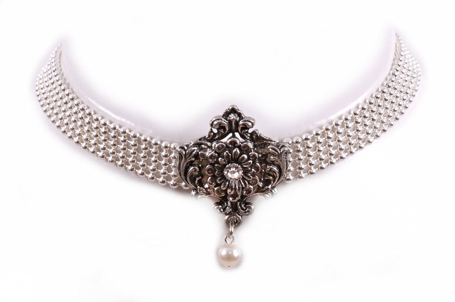 Kropfband Silberband Ornament + Perle - echt versilbert