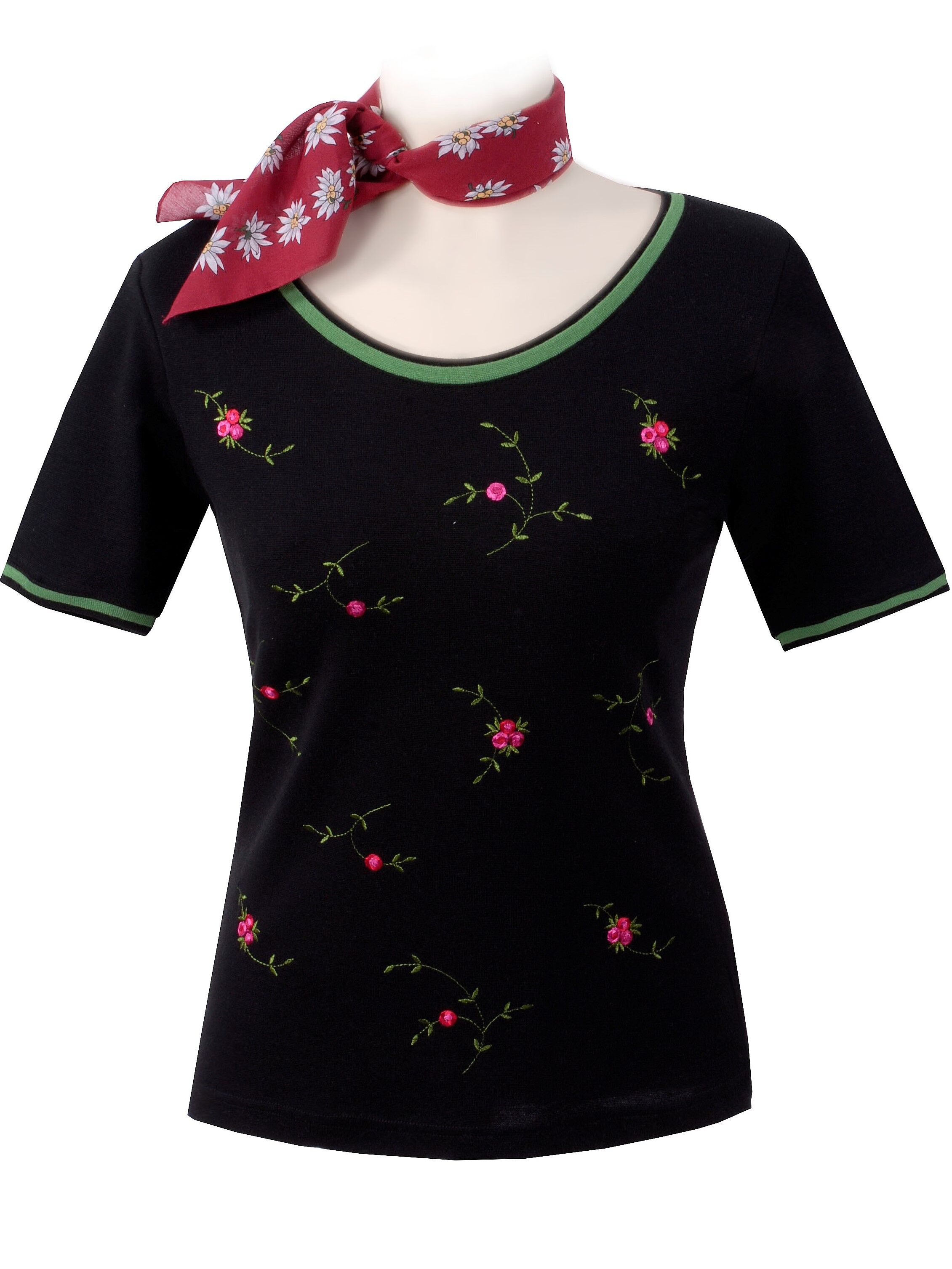 Premium Trachtenshirt "Arido" Damen T-Shirt Rosen-Stickerei Schwarz + Rot