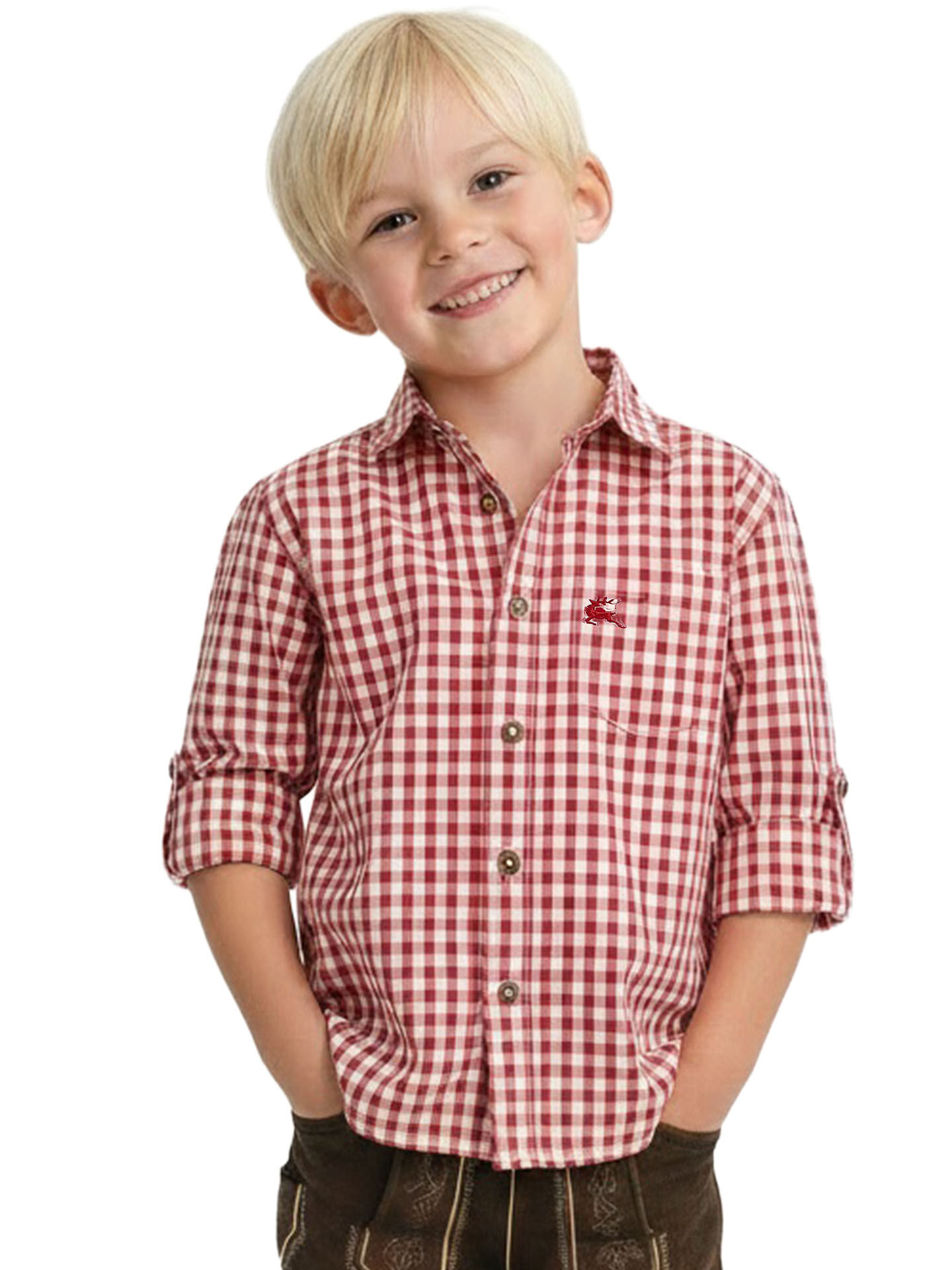Trachtenhemd Kinder kariert Rot Hirsch Stickerei Trachtenhemd Kinder kariert Rot Hirsch Stickerei
