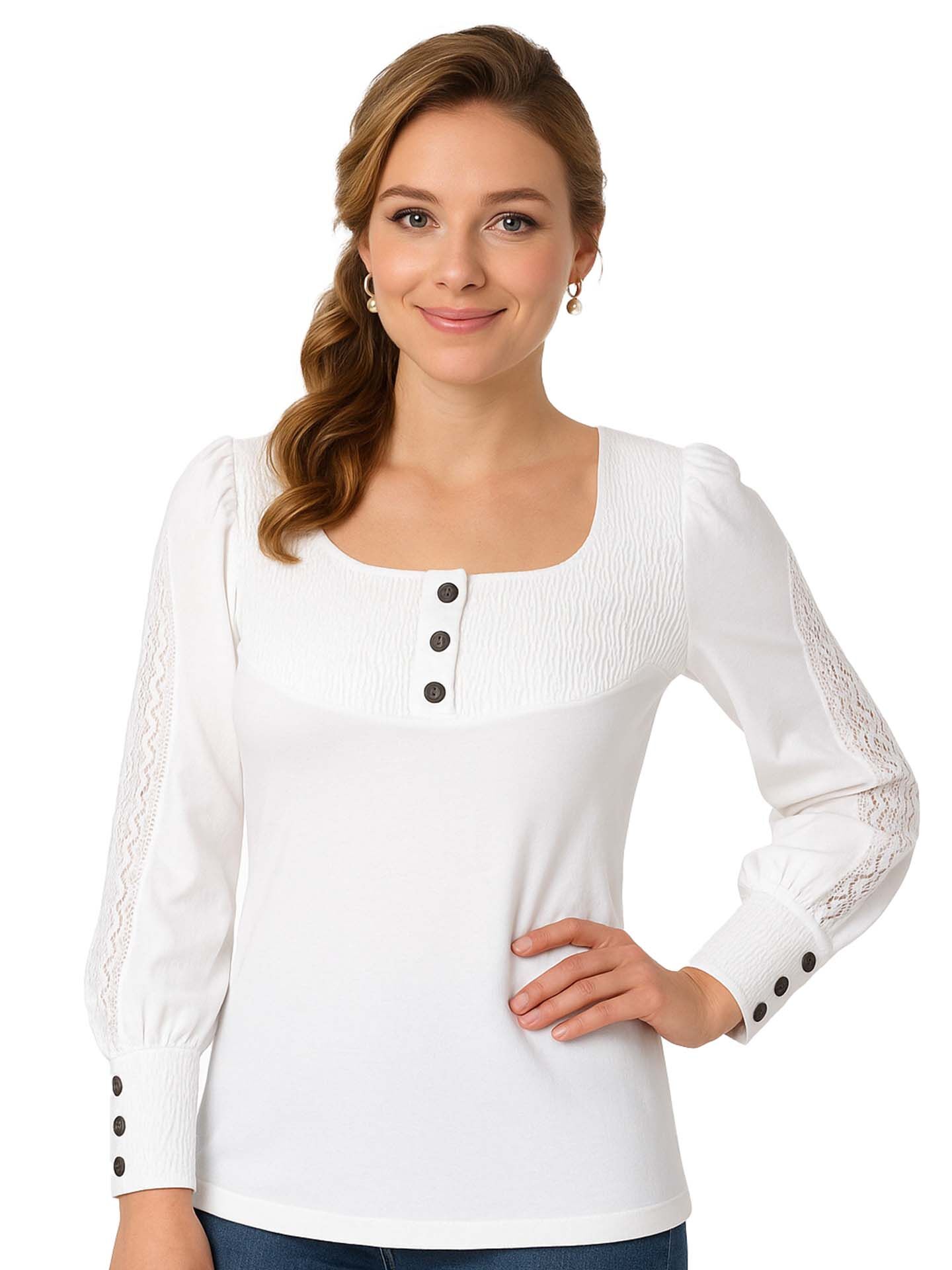 Trachtenshirt Damen T-Shirt Spitze + Smog Langarm Weiß
