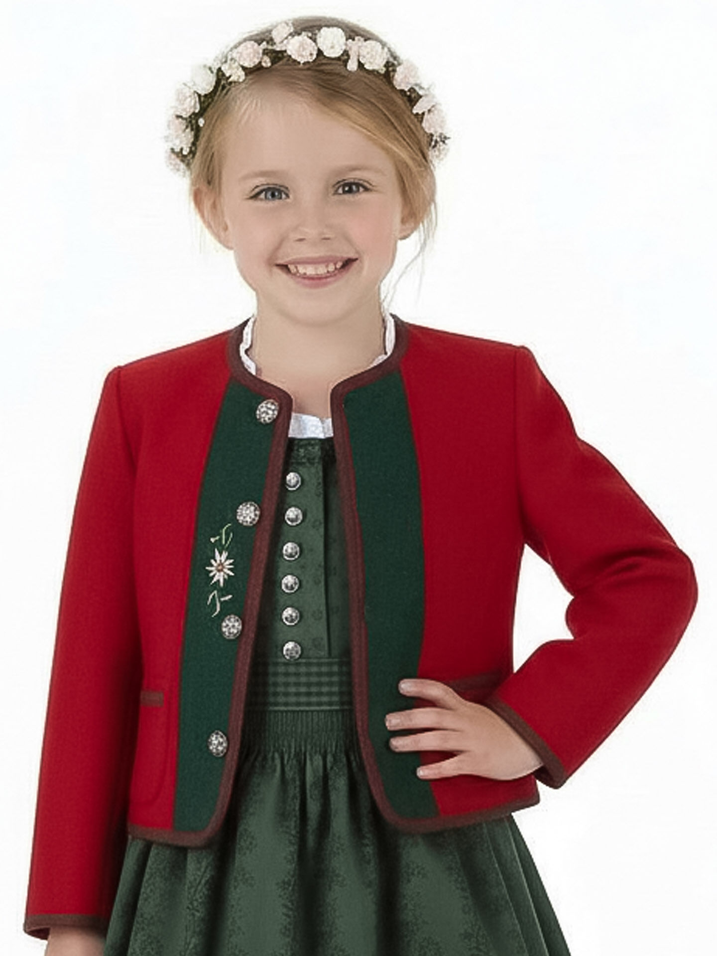 Trachtenjacke Kinder 100% Merinowolle Rot-Grün mit Stickerei