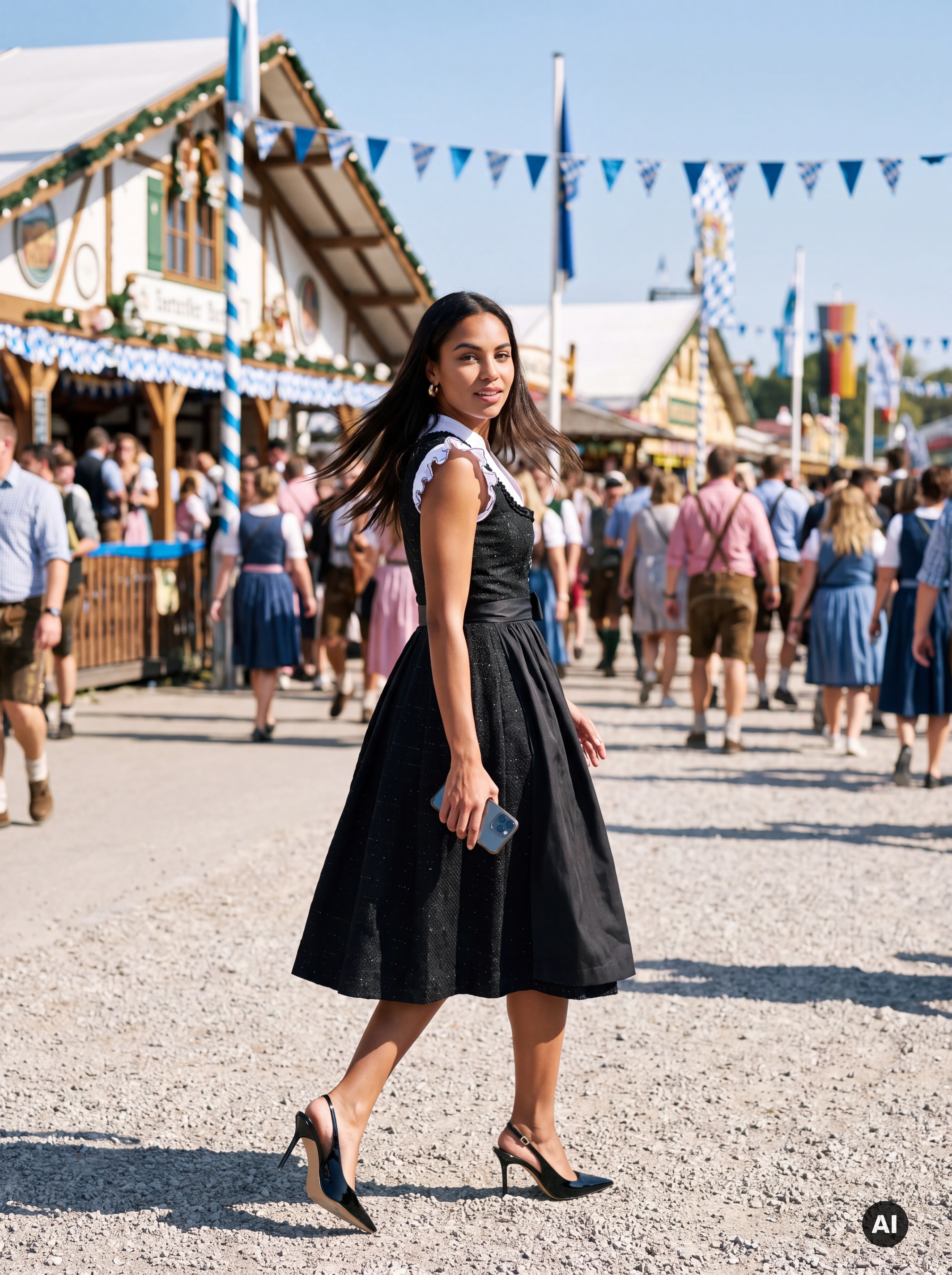Midi Dirndl Chiara 70 cm Schwarz mit Glitzerstruktur & Schürze