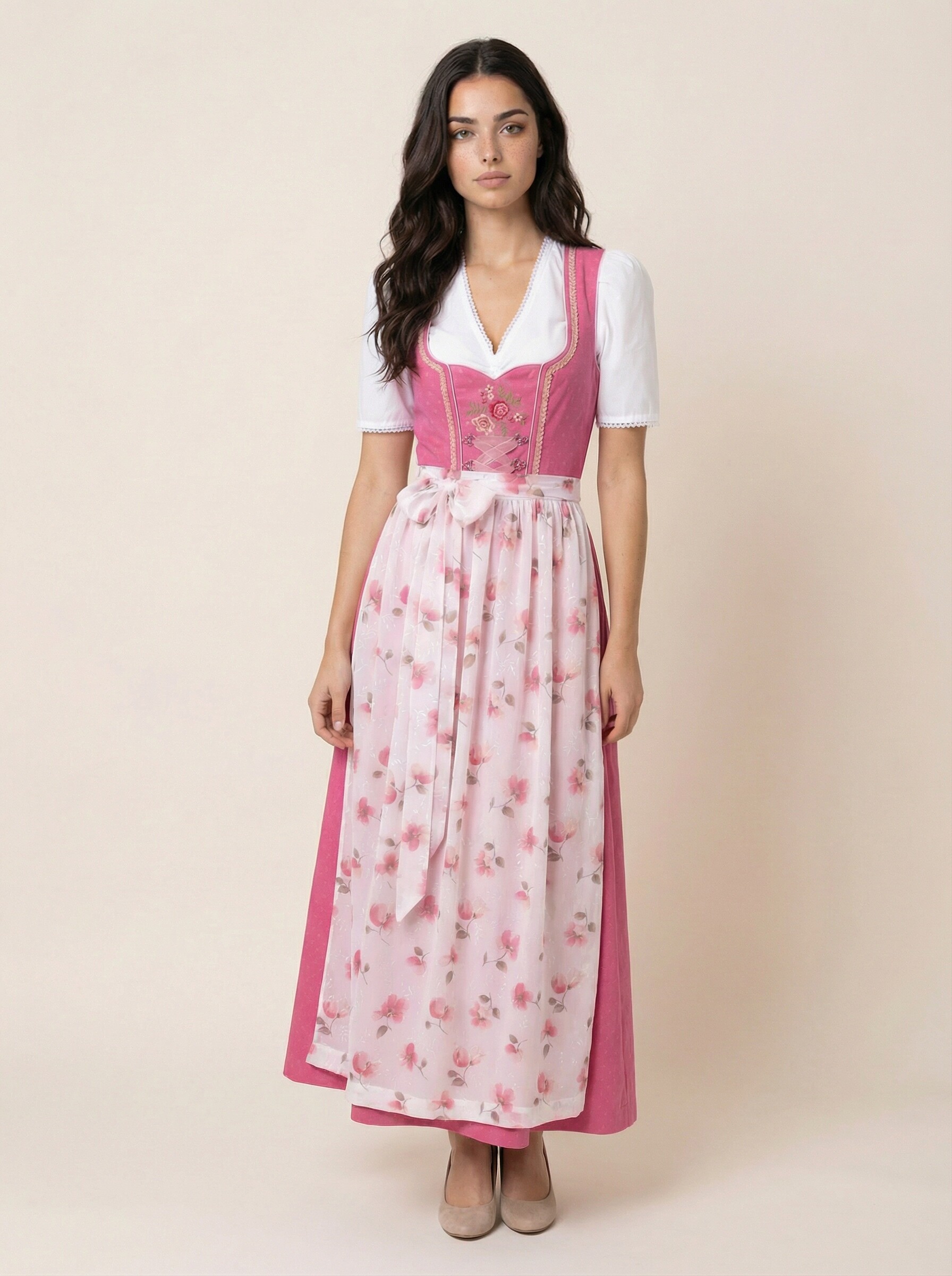 Langes pink-weißes Dirndl Maren für Damen – klassische Frontansicht