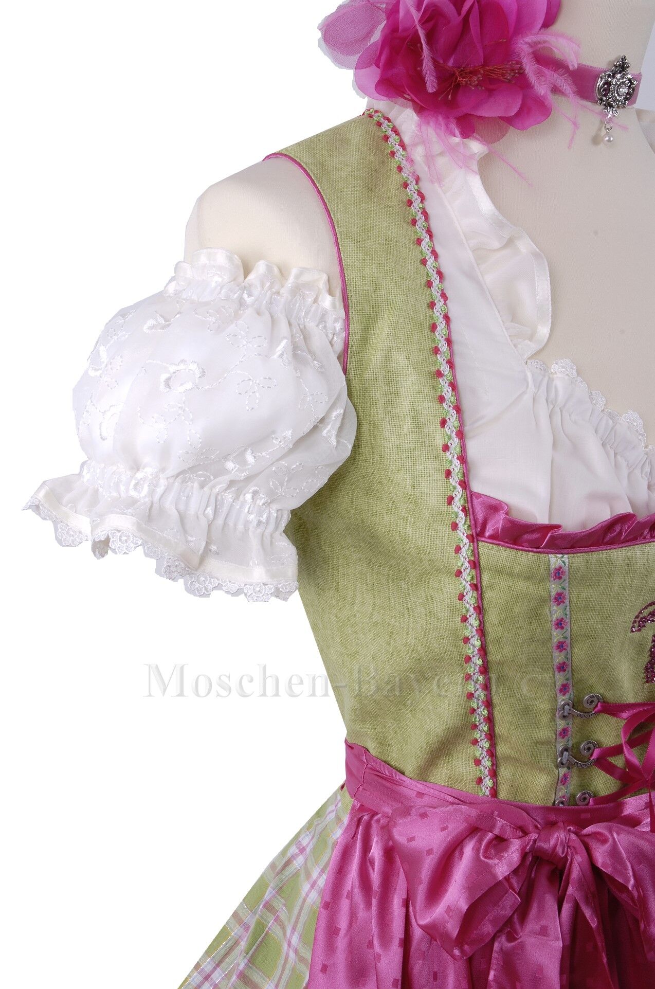 Süßes Wiesn-Dirndl - Mini-Dirndl kurzes Dirndl Leinen Grün-Pink Süßes Wiesn-Dirndl - Mini-Dirndl kurzes Dirndl Leinen Grün-Pink