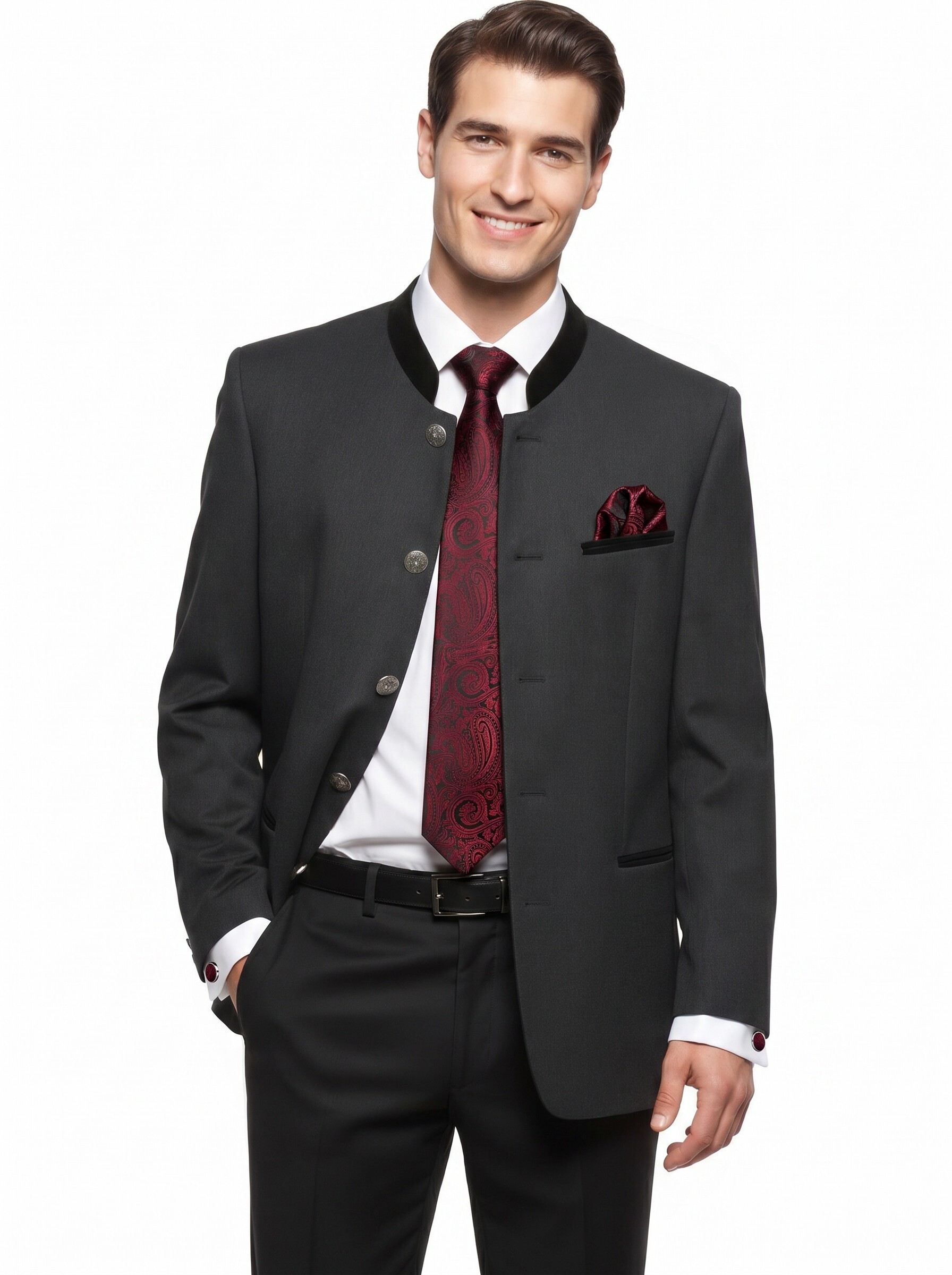 Trachtenkrawatte Paisley 100% Seide 3-tlg. Set festlich + Einstecktuch + Manschettenknöpfen