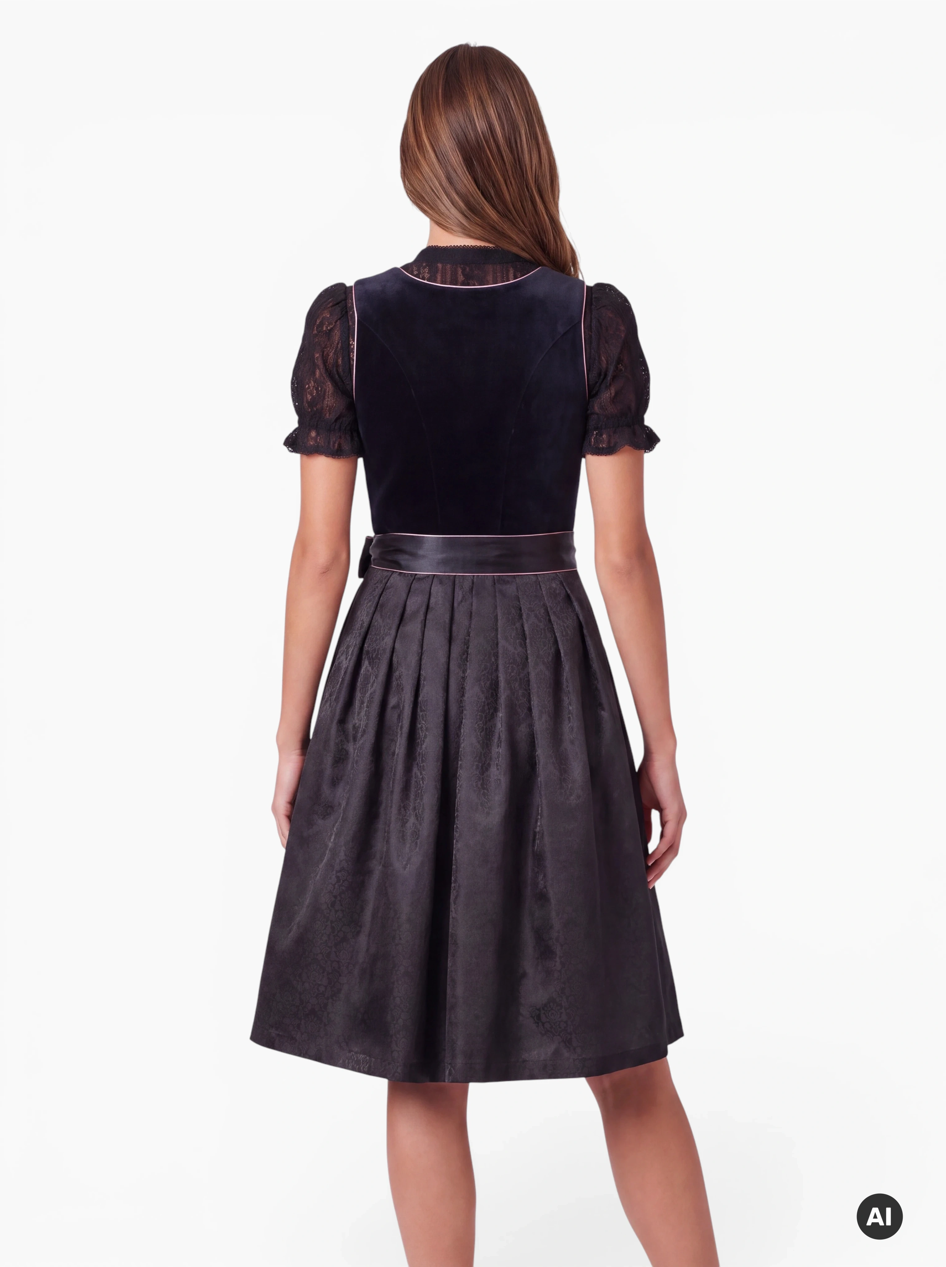 Midi-Dirndl Sarah 70 cm Schwarz mit Spitzenschürze
