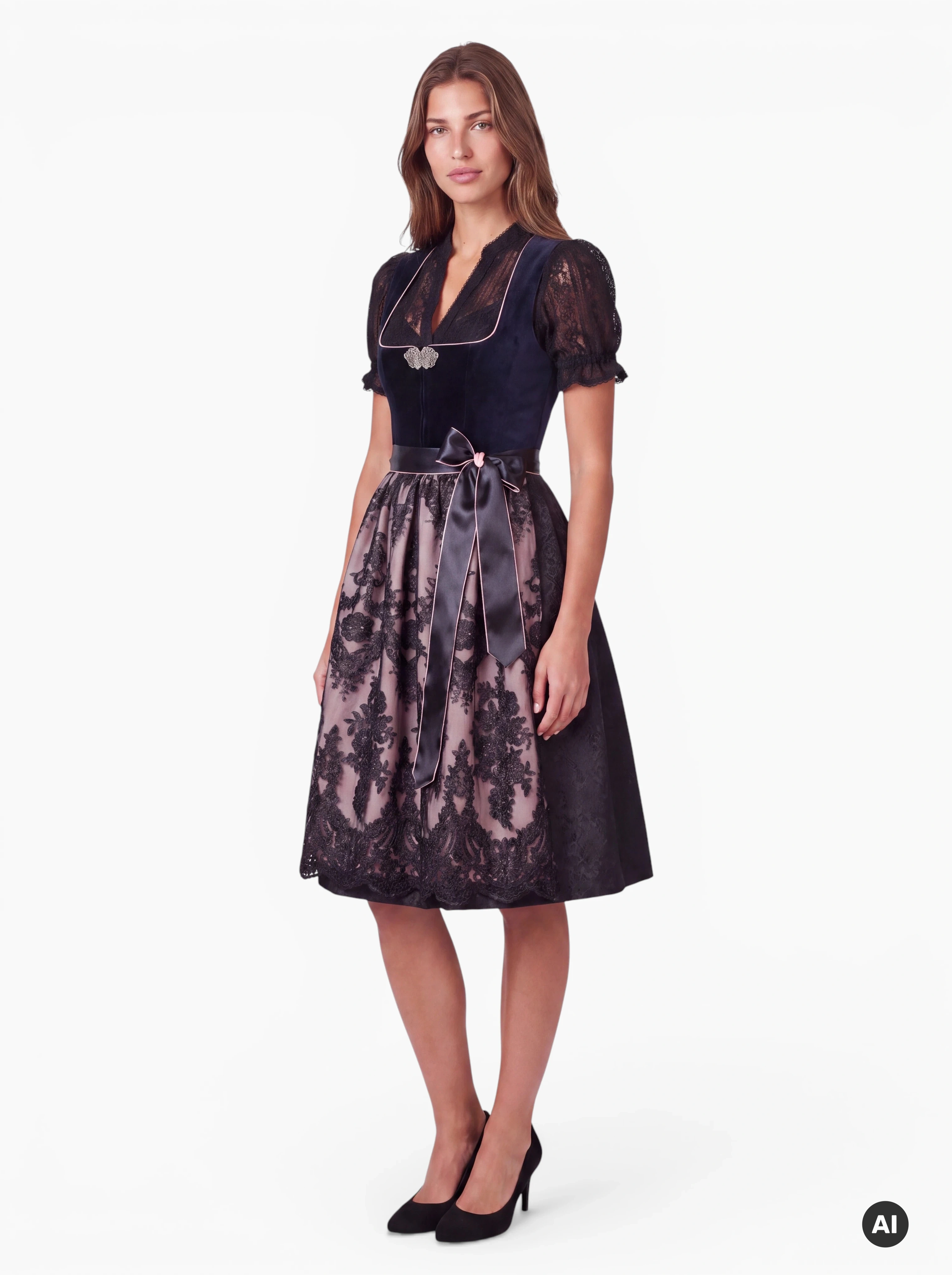 Midi-Dirndl Sarah 70 cm Schwarz mit Spitzenschürze