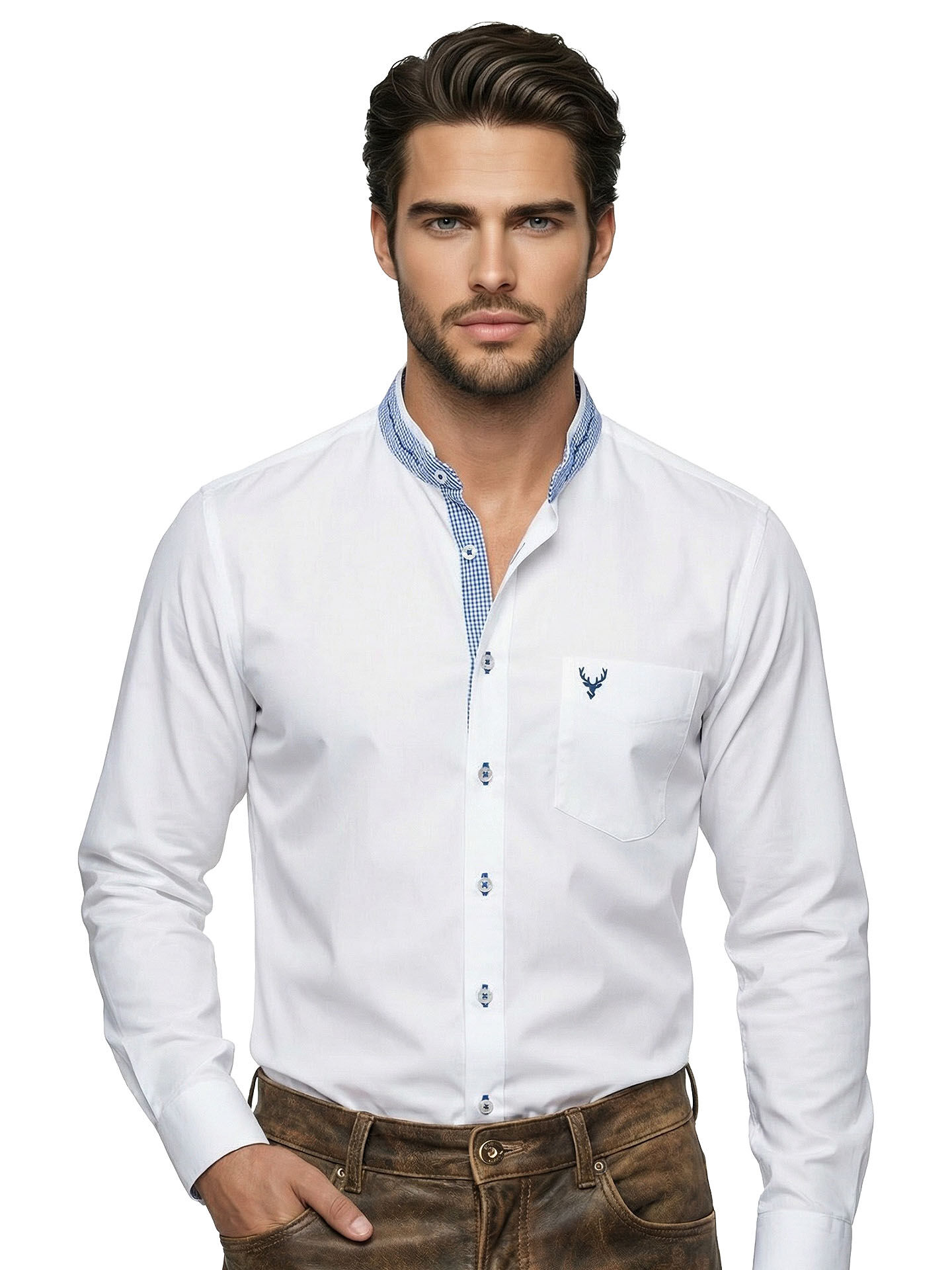 Trachtenhemd Weiß/Blau SLIMFIT Stehkragen