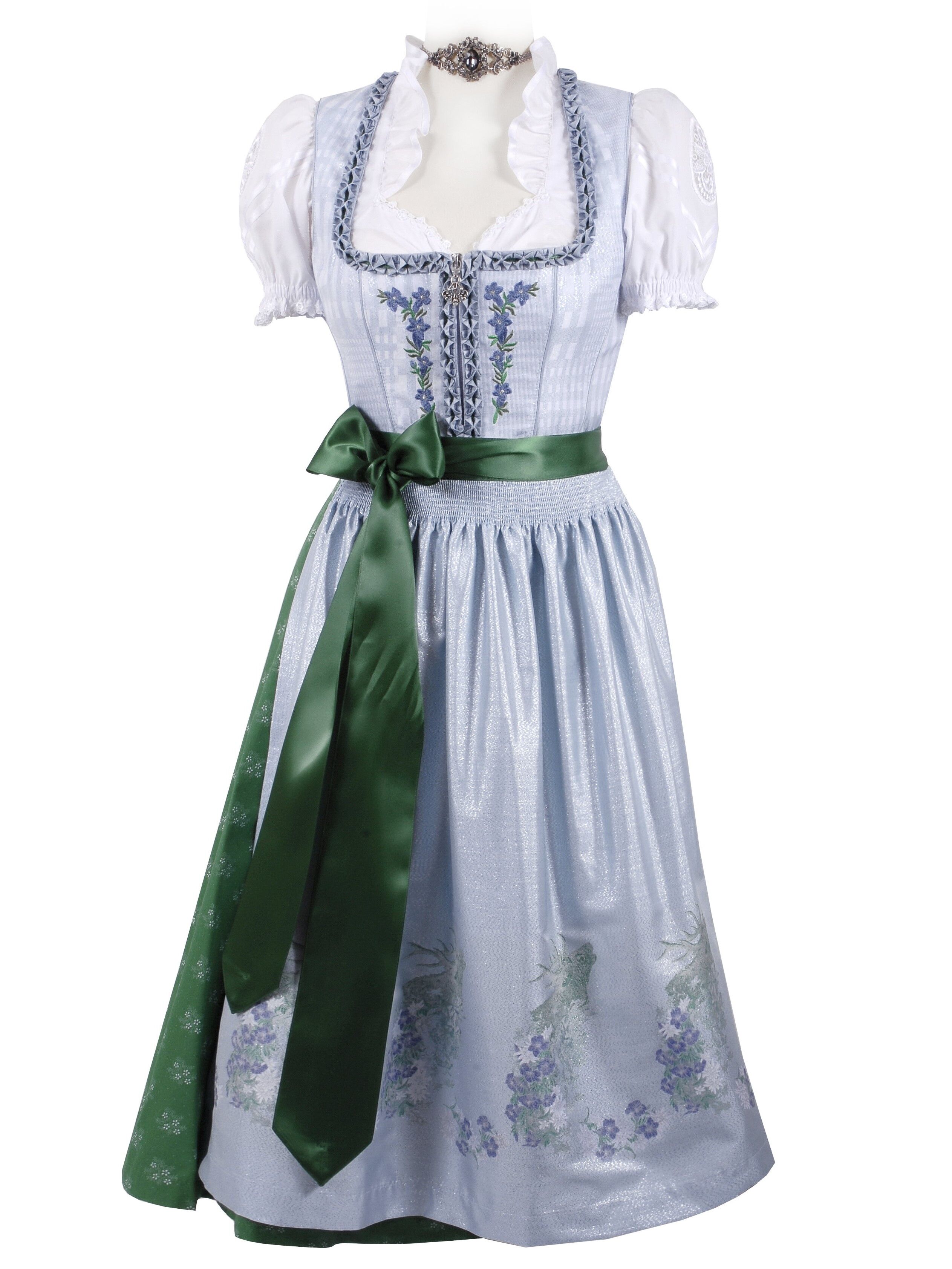 Festliches Midi-Dirndl - kurzes Dirndl + edle Jacquard-Schürze Blau-Grün Festliches Midi-Dirndl - kurzes Dirndl + edle Jacquard-Schürze Blau-Grün