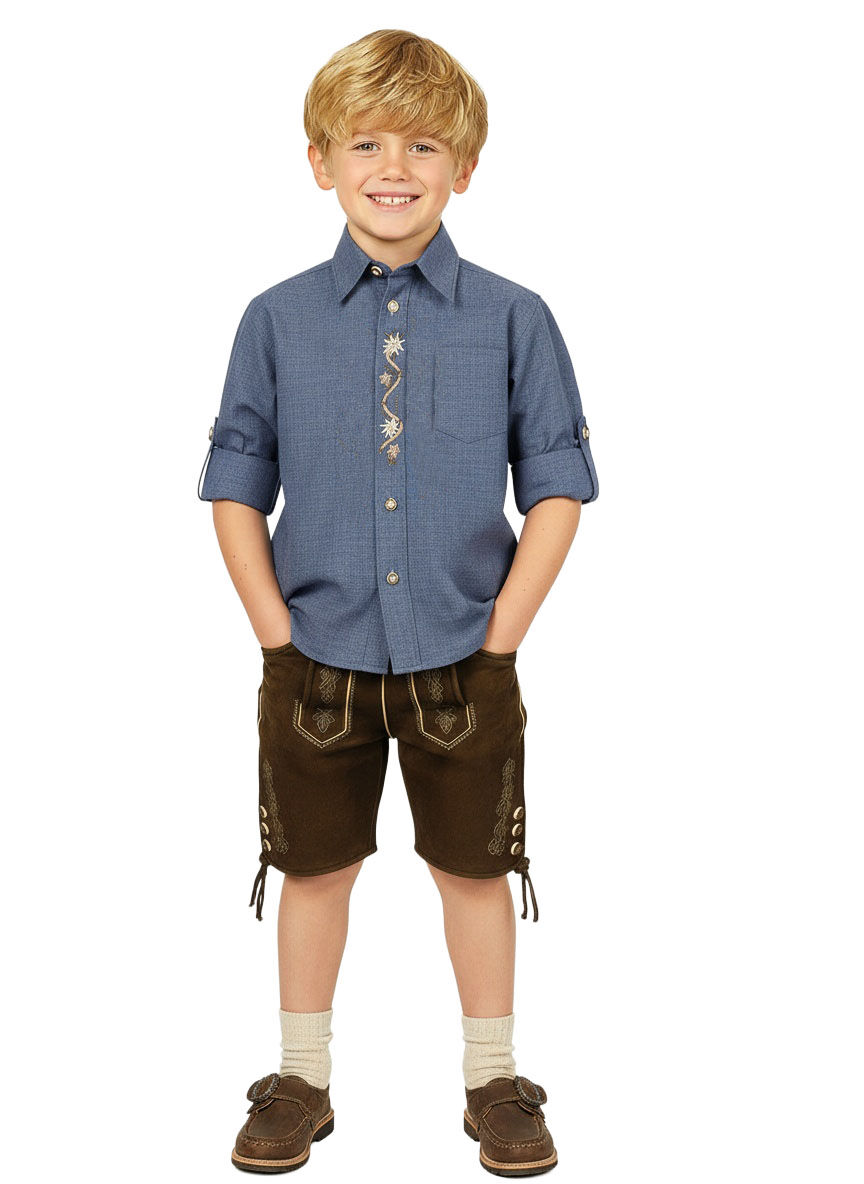 Kinder-Trachtenhemd Beige, Blau + Weiß Edelweiß-Stickerei