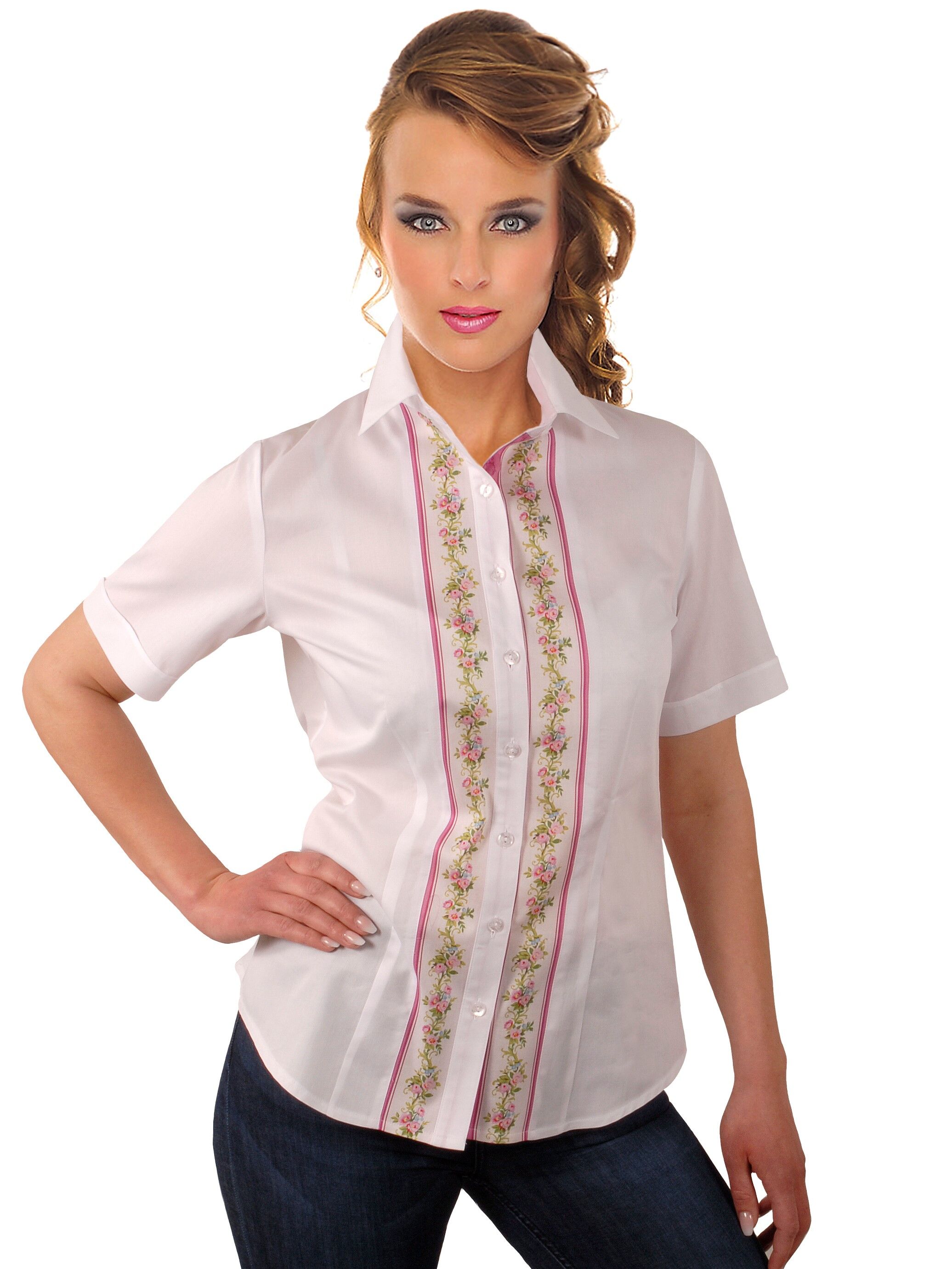 PREMIUM Trachtenbluse Damen Kurzarm Blumen Rosen Weiß Rosa-Pink PREMIUM Trachtenbluse Damen Kurzarm Blumen Rosen Weiß Rosa-Pink