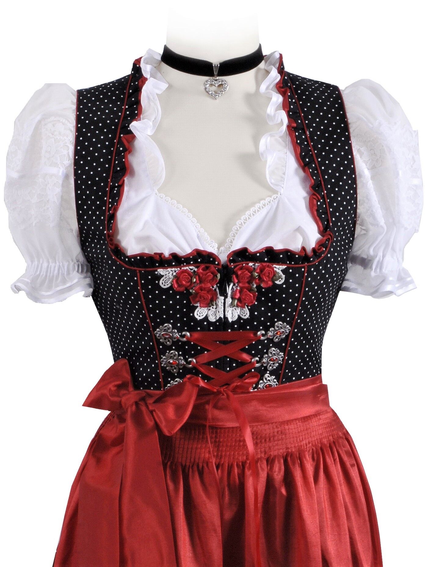 Fröhliches Midi-Dirndl - kurzes Wiesn-Dirndl zum Oktoberfest mit Tupfen Schwarz-Rot Fröhliches Midi-Dirndl - kurzes Wiesn-Dirndl zum Oktoberfest mit Tupfen Schwarz-Rot