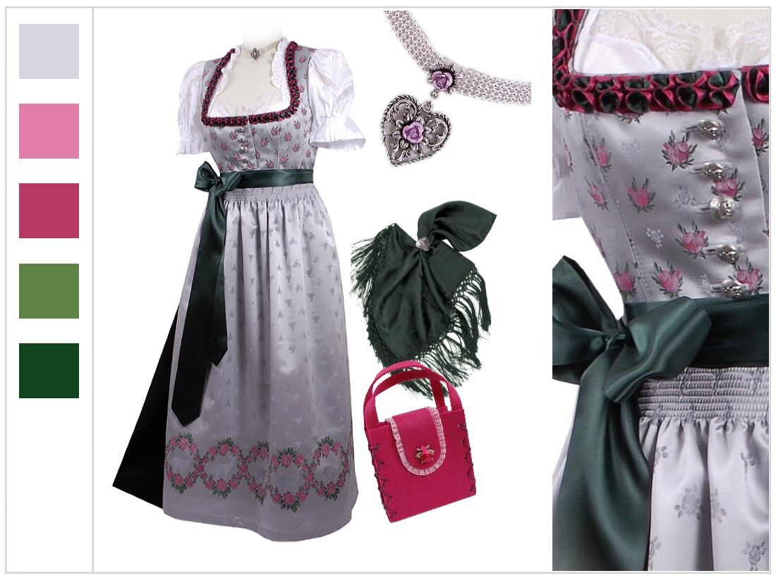Festliches Dirndl lang - Festtagsdirndl mit edler Rosen-Schürze Silber Set 3-teilig + Bluse Festliches Dirndl lang - Festtagsdirndl mit edler Rosen-Schürze Silber Set 3-teilig + Bluse