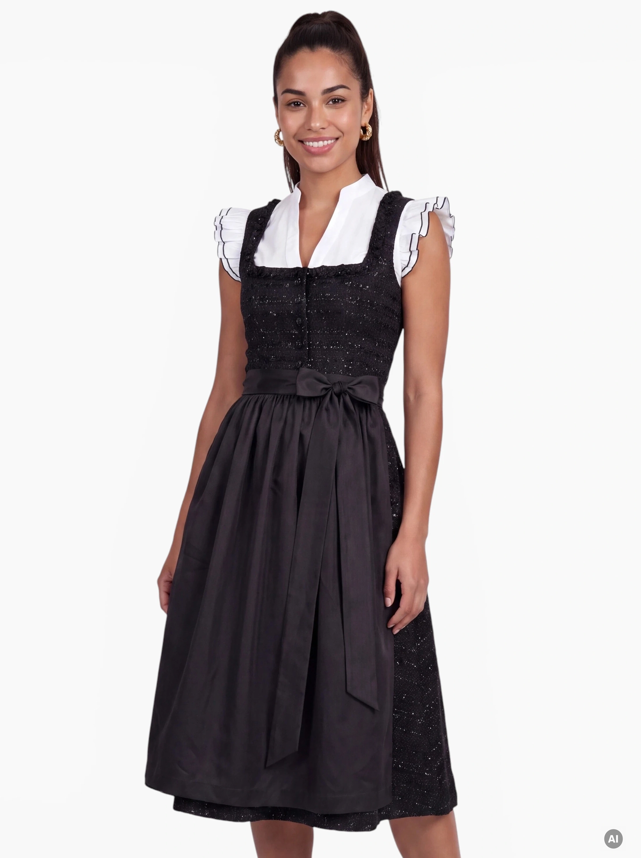 Midi Dirndl Chiara 70 cm Schwarz mit Glitzerstruktur & Schürze
