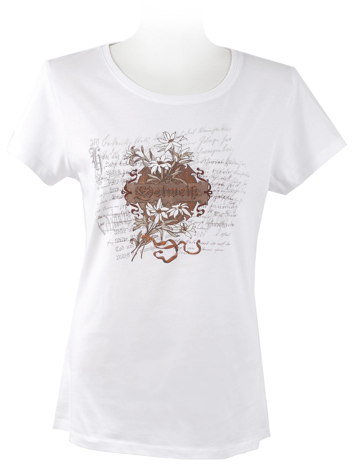 BIO-Baumwolle Trachtenshirt Damen T-Shirt Edelweiß-Design  Weiß-Braun BIO-Baumwolle Trachtenshirt Damen T-Shirt Edelweiß-Design  Weiß-Braun