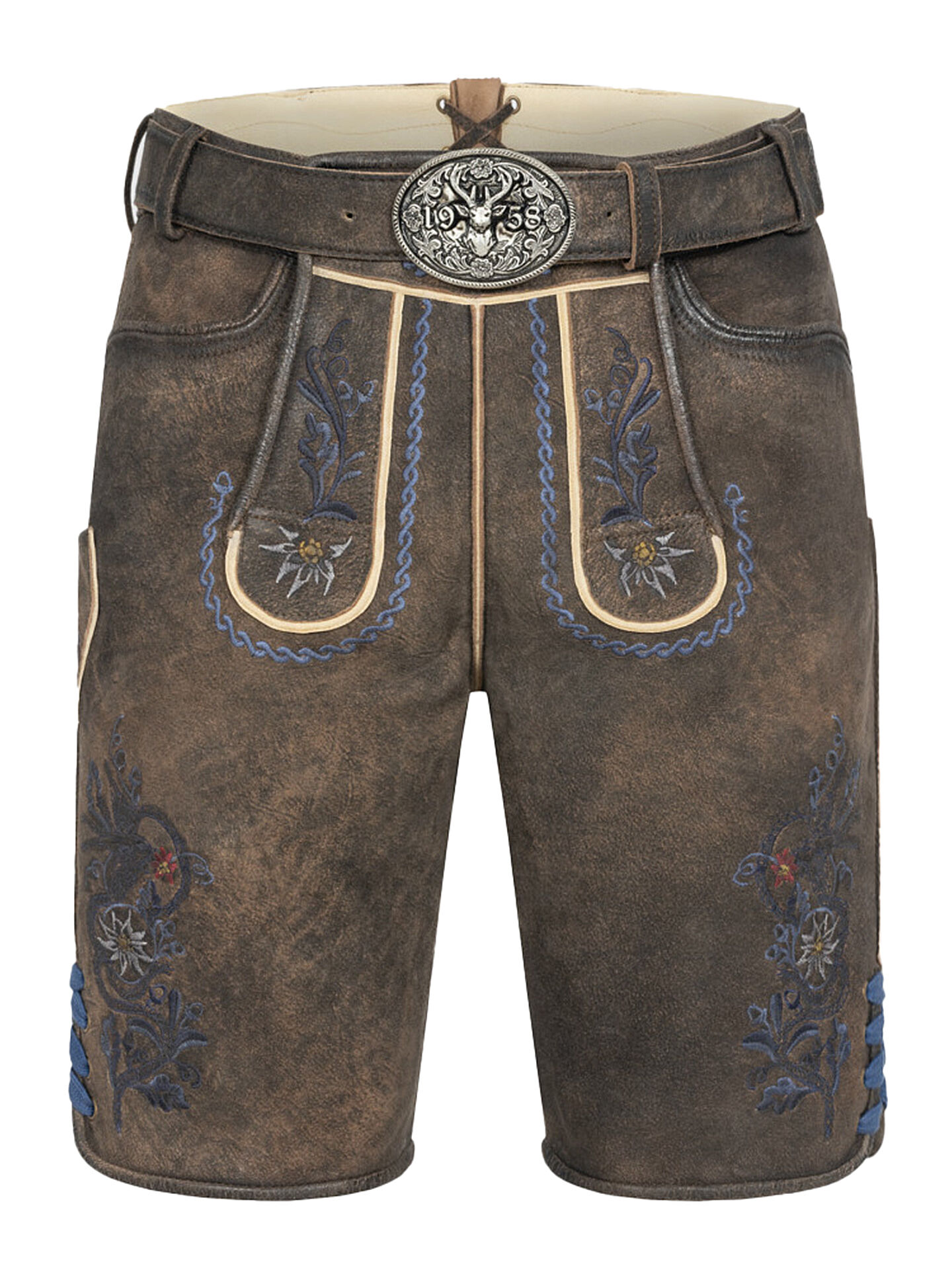Trachtenlederhose kurze Lederhose Herren Braun-Blau Edelweiß-Stickerei Trachtenlederhose kurze Lederhose Herren Braun-Blau Edelweiß-Stickerei