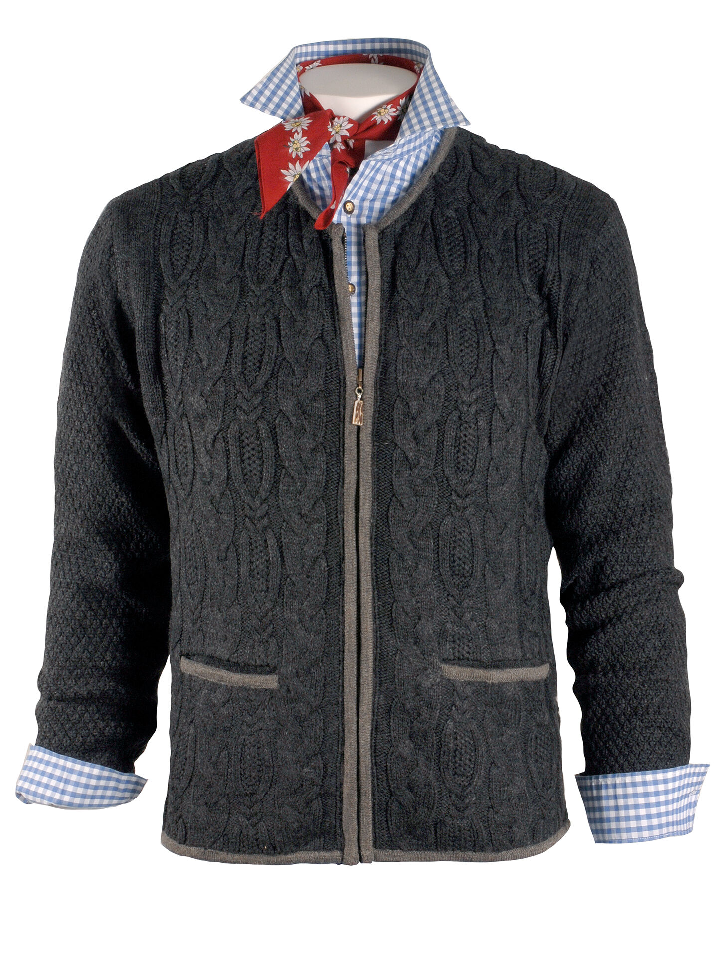 Trachtenstrickjacke Herren Kapuze (abnehmbar) Trachtenjanker Anthrazit Trachtenstrickjacke Herren Kapuze (abnehmbar) Trachtenjanker Anthrazit