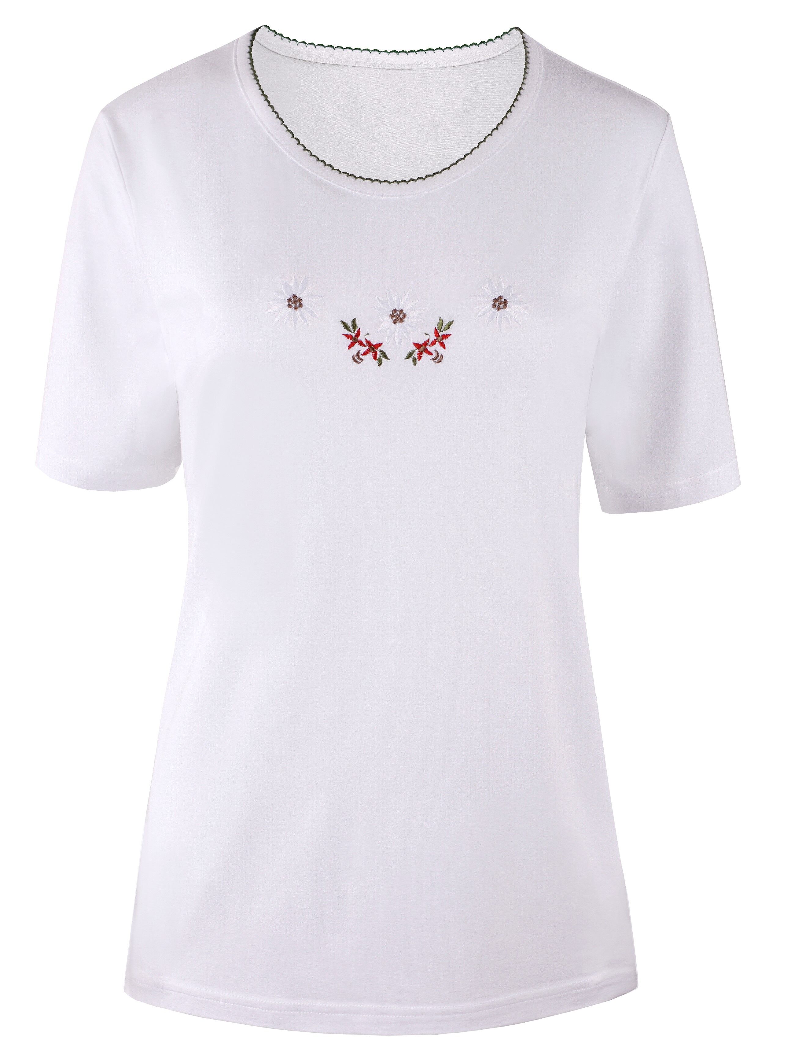 PREMIUM Trachtenshirt Damen T-Shirt lang Edelweiß-Stickerei Weiß 