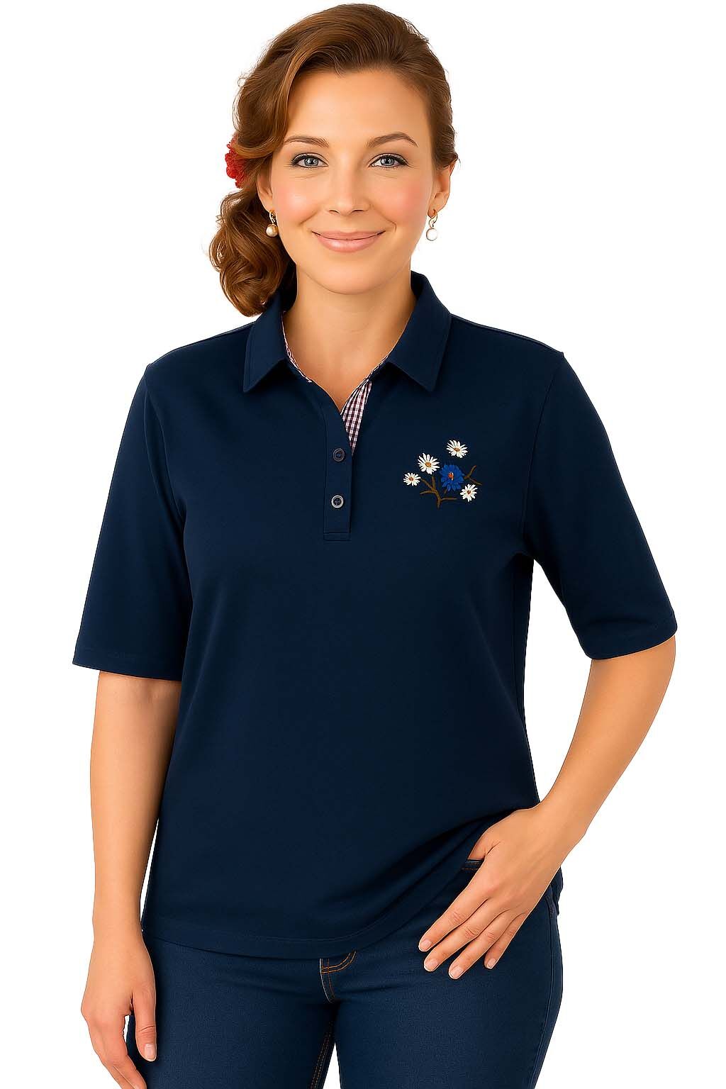 PREMIUM Trachtenshirt Damen T-Shirt lang Edelweiß-Stickerei Rot 