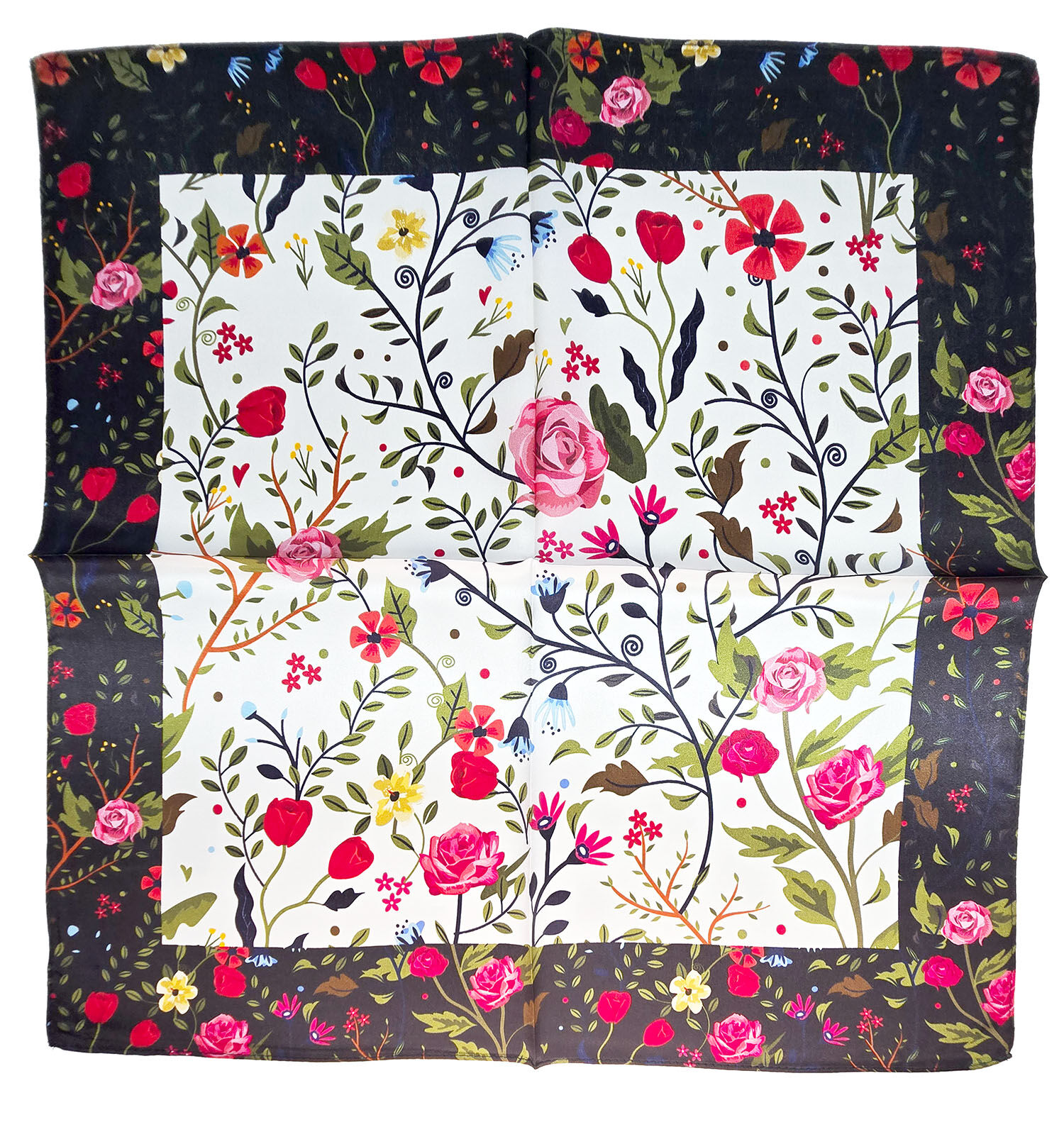 Seidenhalstuch Blumengarten Damen Nickituch 100% Seide Blau-Rot