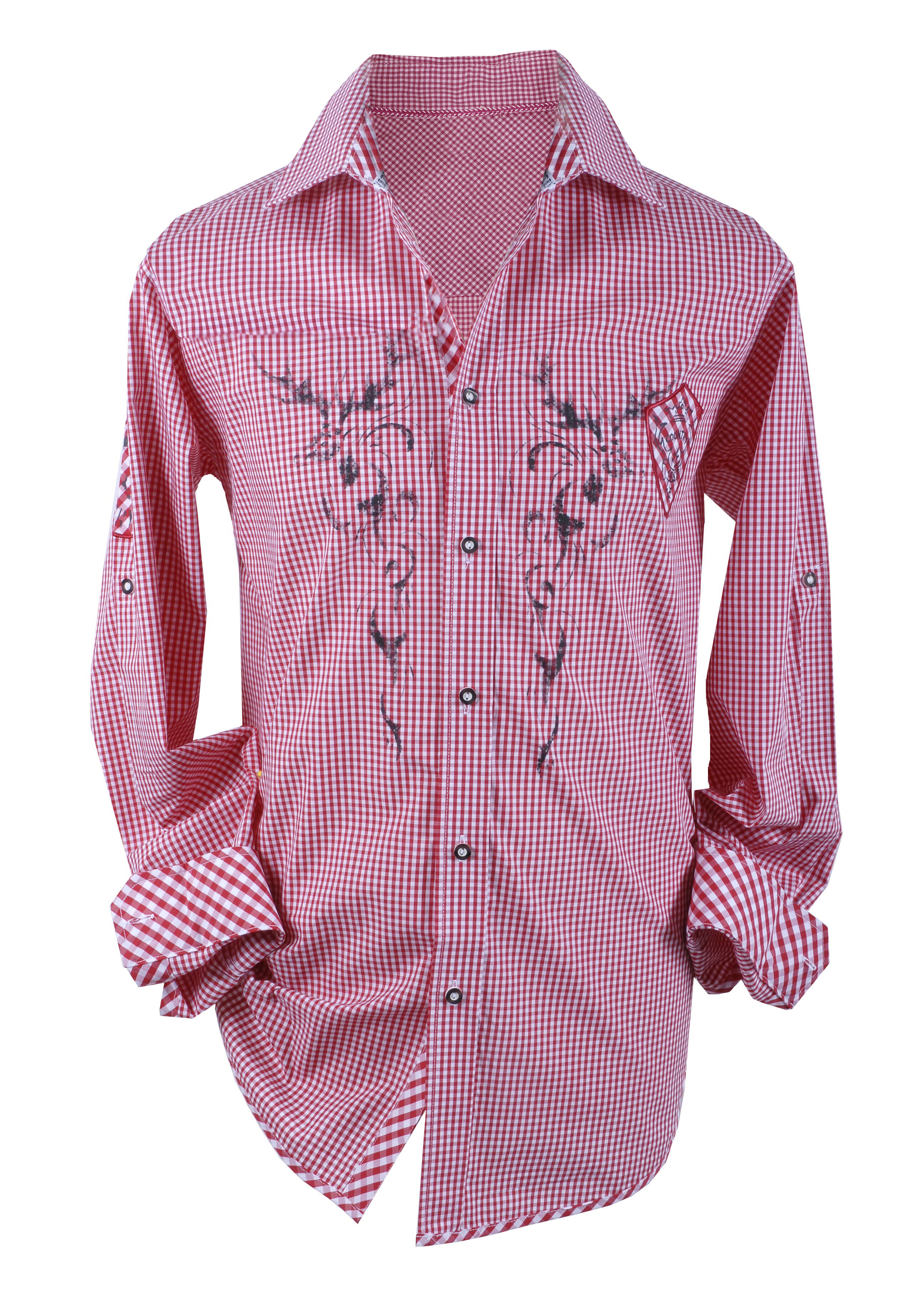 PREMIUM Trachtenhemd kariert Rot Hirsch-Motivdruck PREMIUM Trachtenhemd kariert Rot Hirsch-Motivdruck