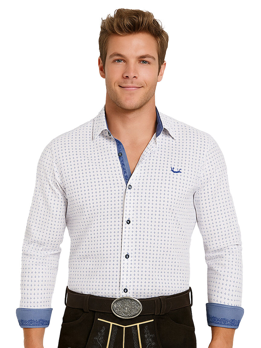 Trachtenhemd Herren Weiß/Blau SLIMFIT mit Punkten
