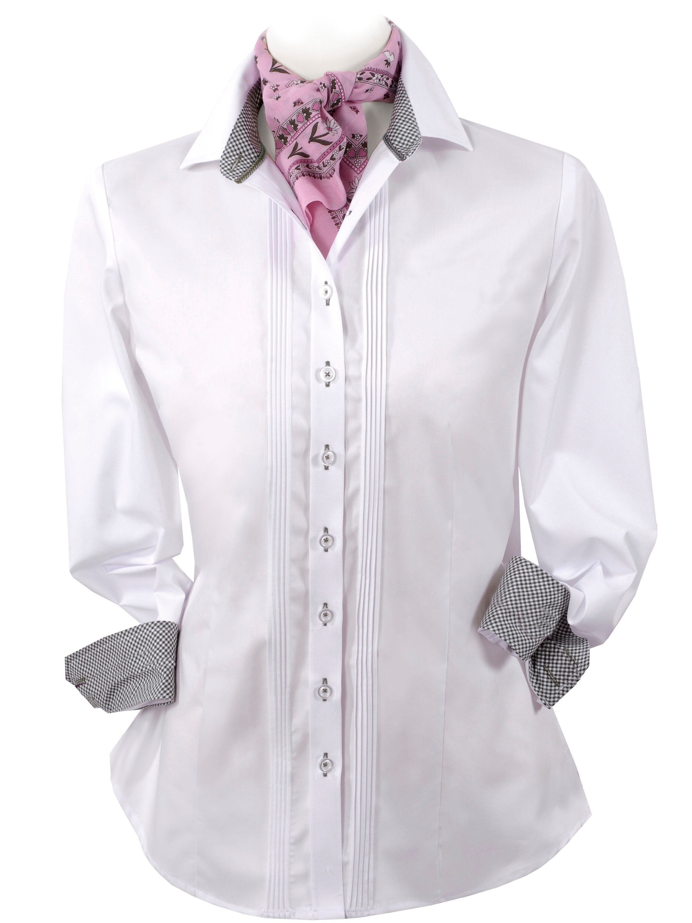 Basic Trachtenbluse Damen Langarm + Vichy-Karo kariert  Weiß-Grün  Basic Trachtenbluse Damen Langarm + Vichy-Karo kariert  Weiß-Grün