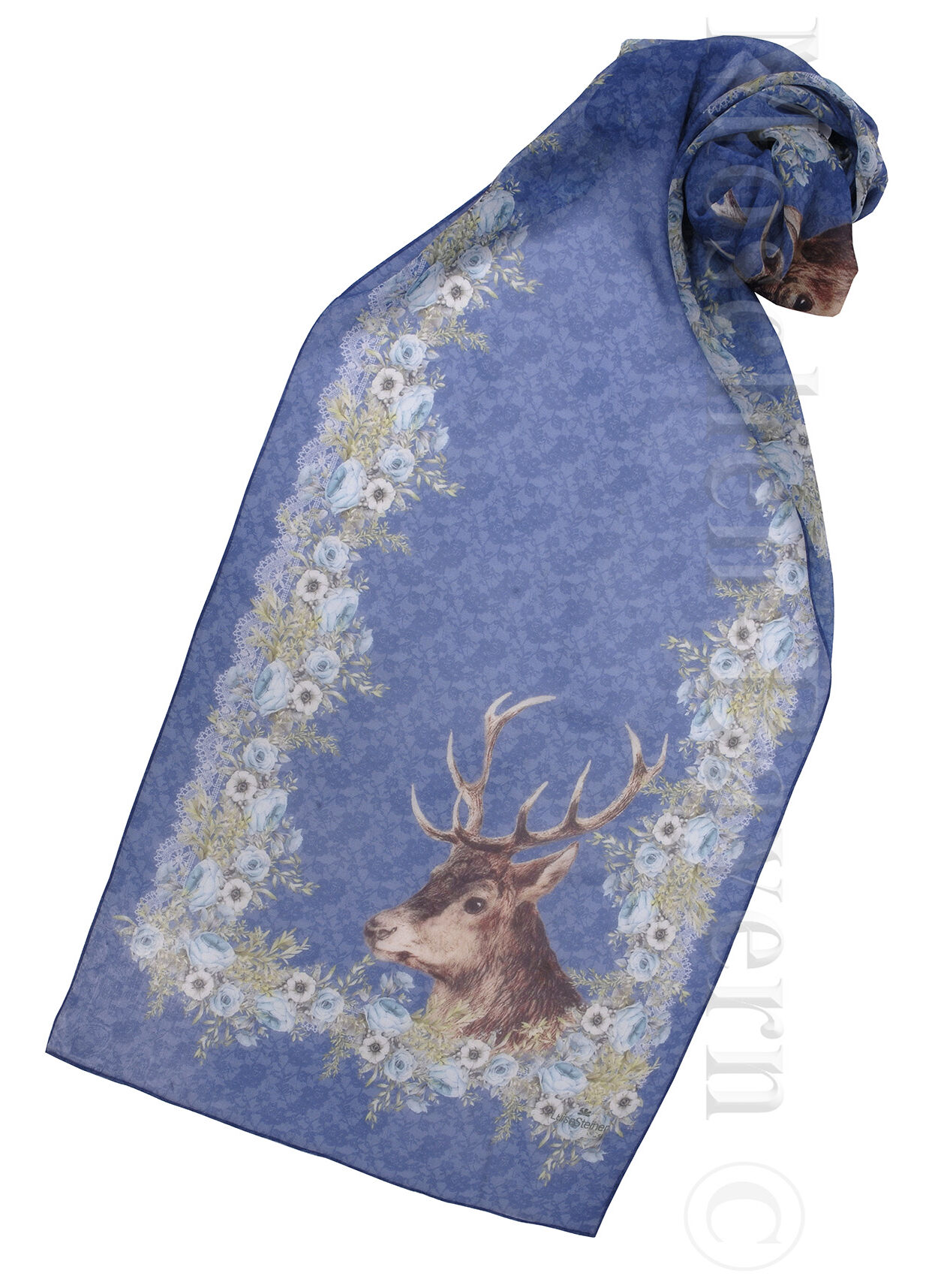 Trachtenschal duftiger Georgette Hirsch + Rosen Blau Trachtenschal duftiger Georgette Hirsch + Rosen Blau