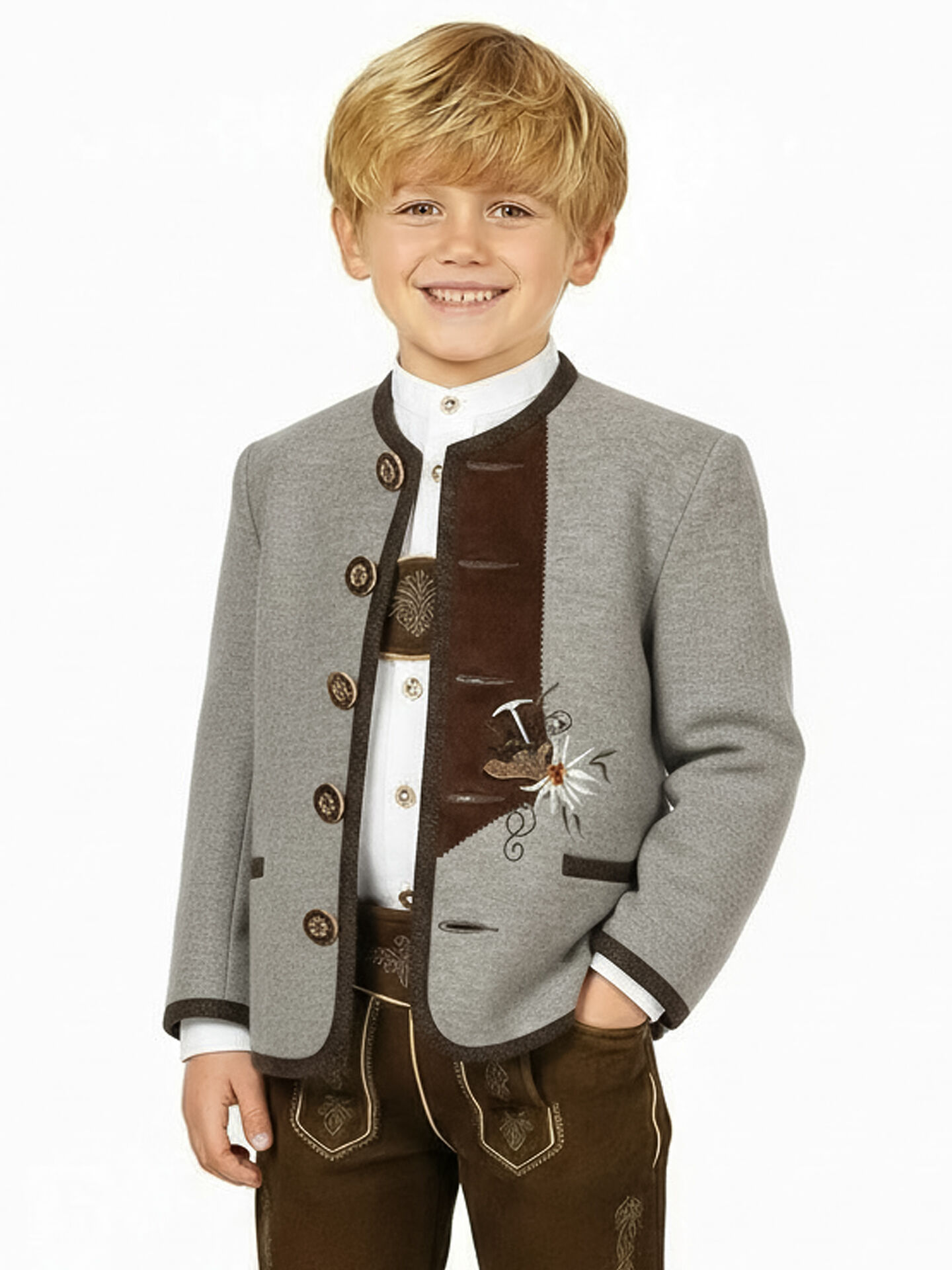 Trachtenjacke Jungen/Buben 100% Merinowolle Beige Stickerei Edelweiß