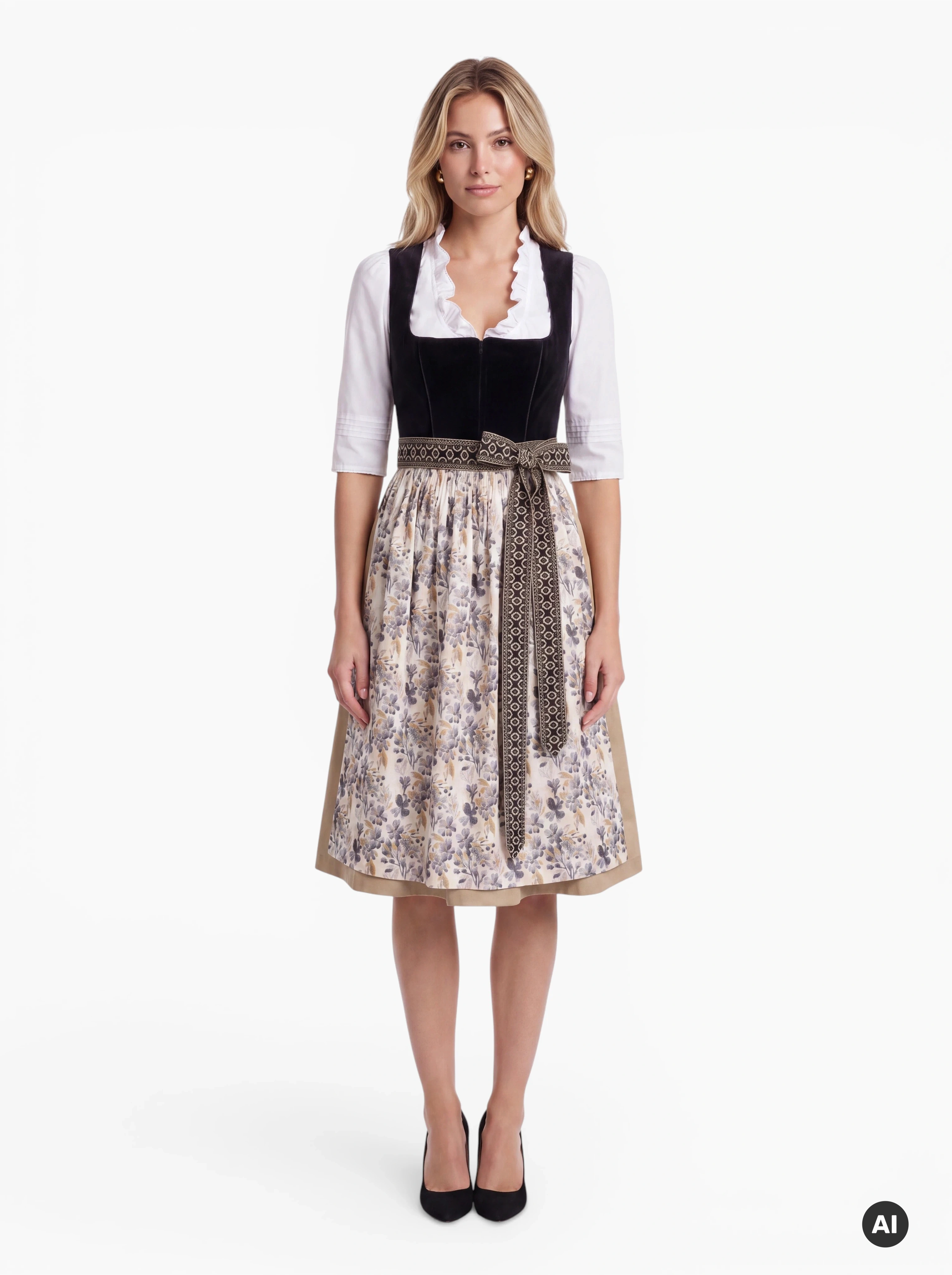 Midi-Dirndl Paula 70 cm – Schwarz/Gold mit floraler Schürze