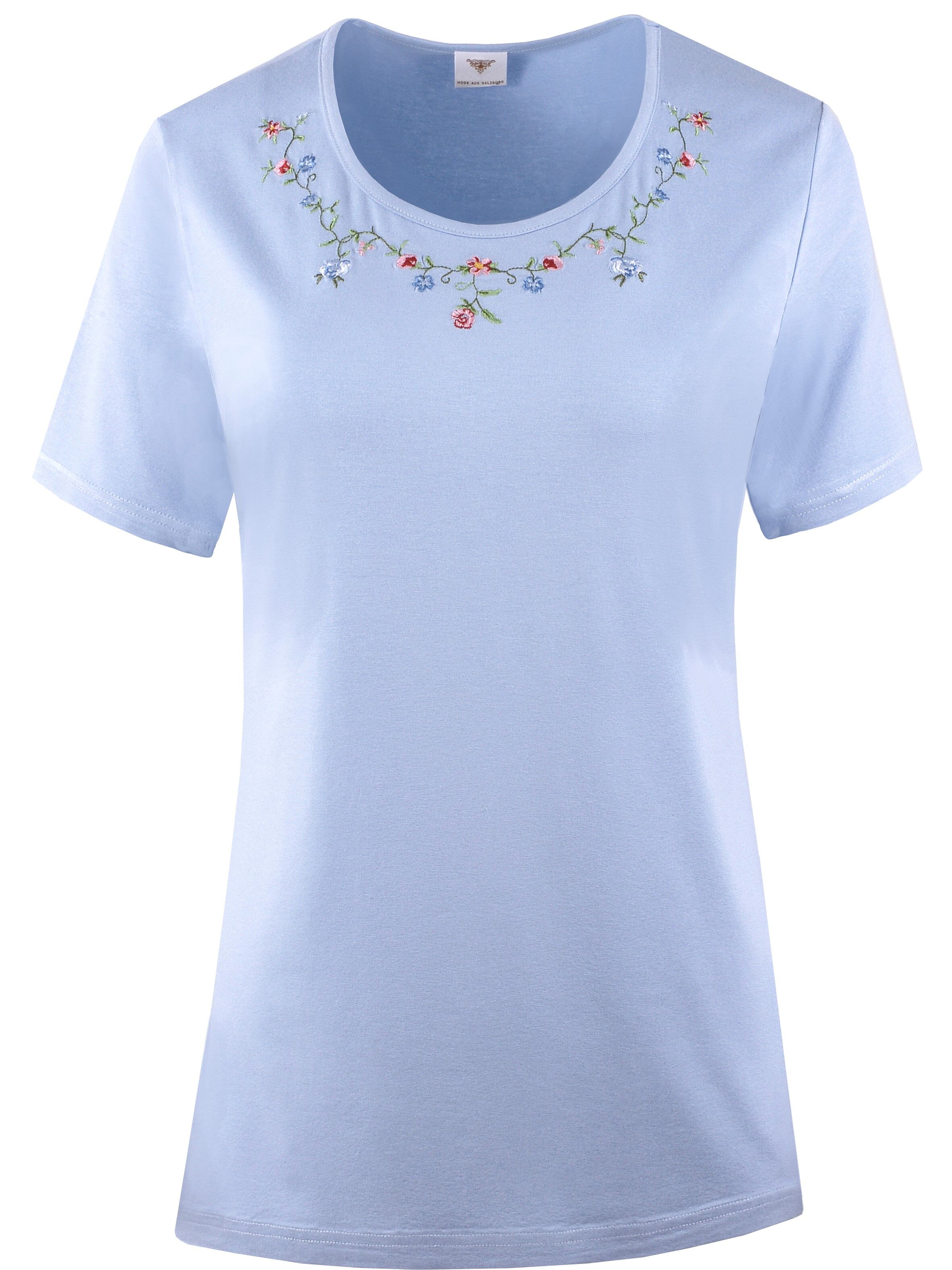 PREMIUM Trachtenshirt Damen T-Shirt lang Blumen-Stickerei Hellblau