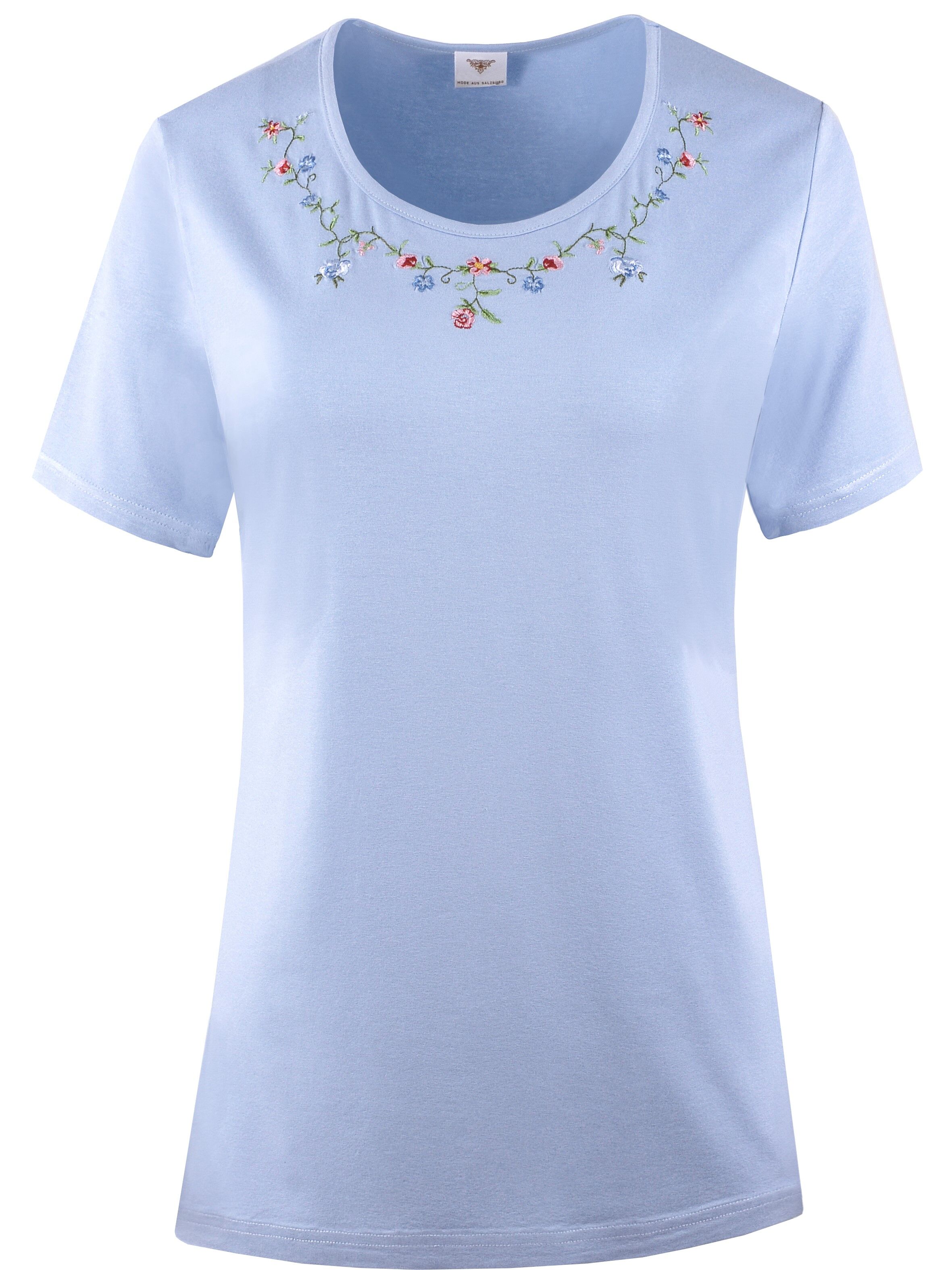 PREMIUM Trachtenshirt Damen T-Shirt lang Blumen-Stickerei Hellblau PREMIUM Trachtenshirt Damen T-Shirt lang Blumen-Stickerei Hellblau