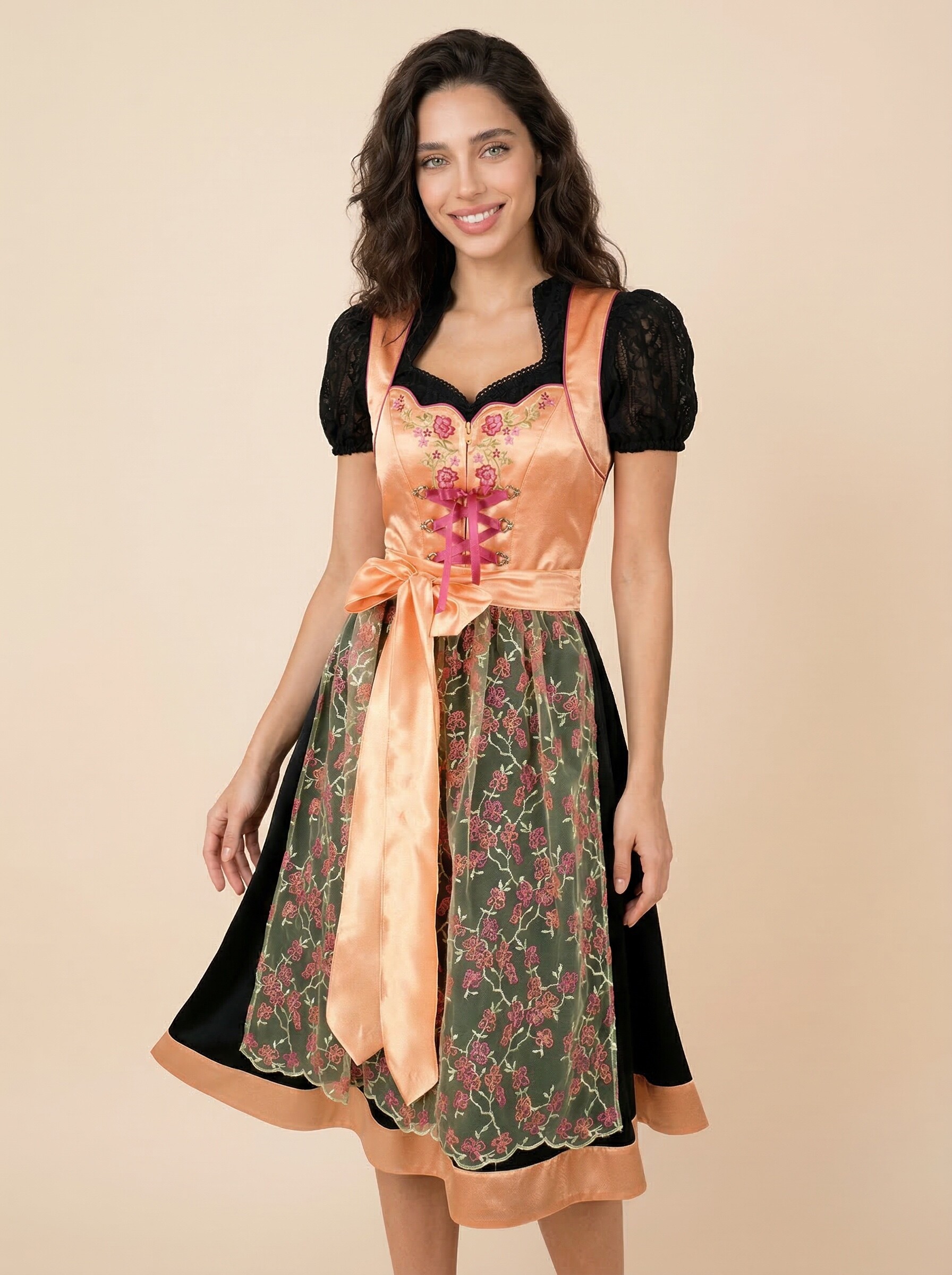 Orange-schwarzes Midi Dirndl Laria für Damen – klassische Frontansicht