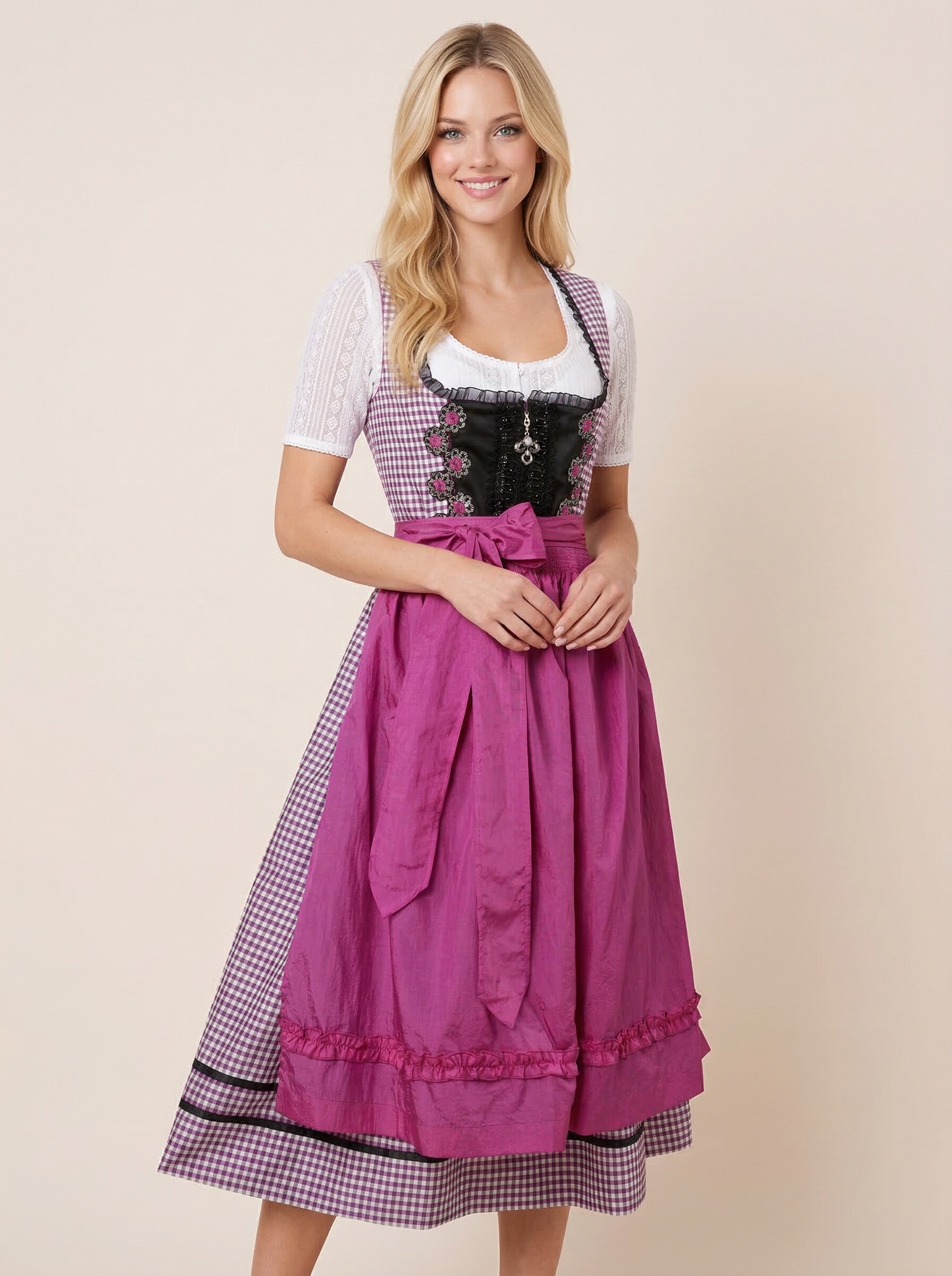 Pink kariertes Midi Dirndl Corinna für Damen – klassische Frontansicht