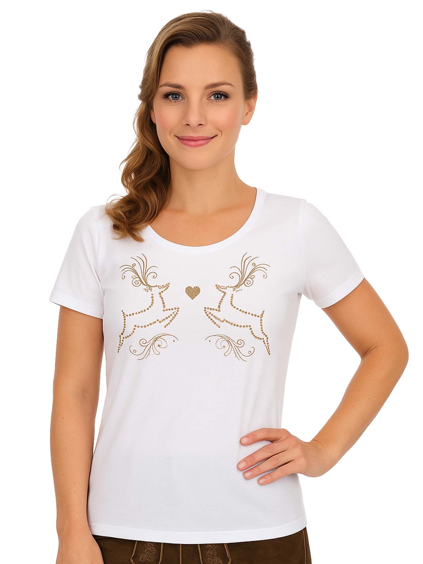 Trachtenshirt Damen T-Shirt Hirsch-Druck Weiß-Gold