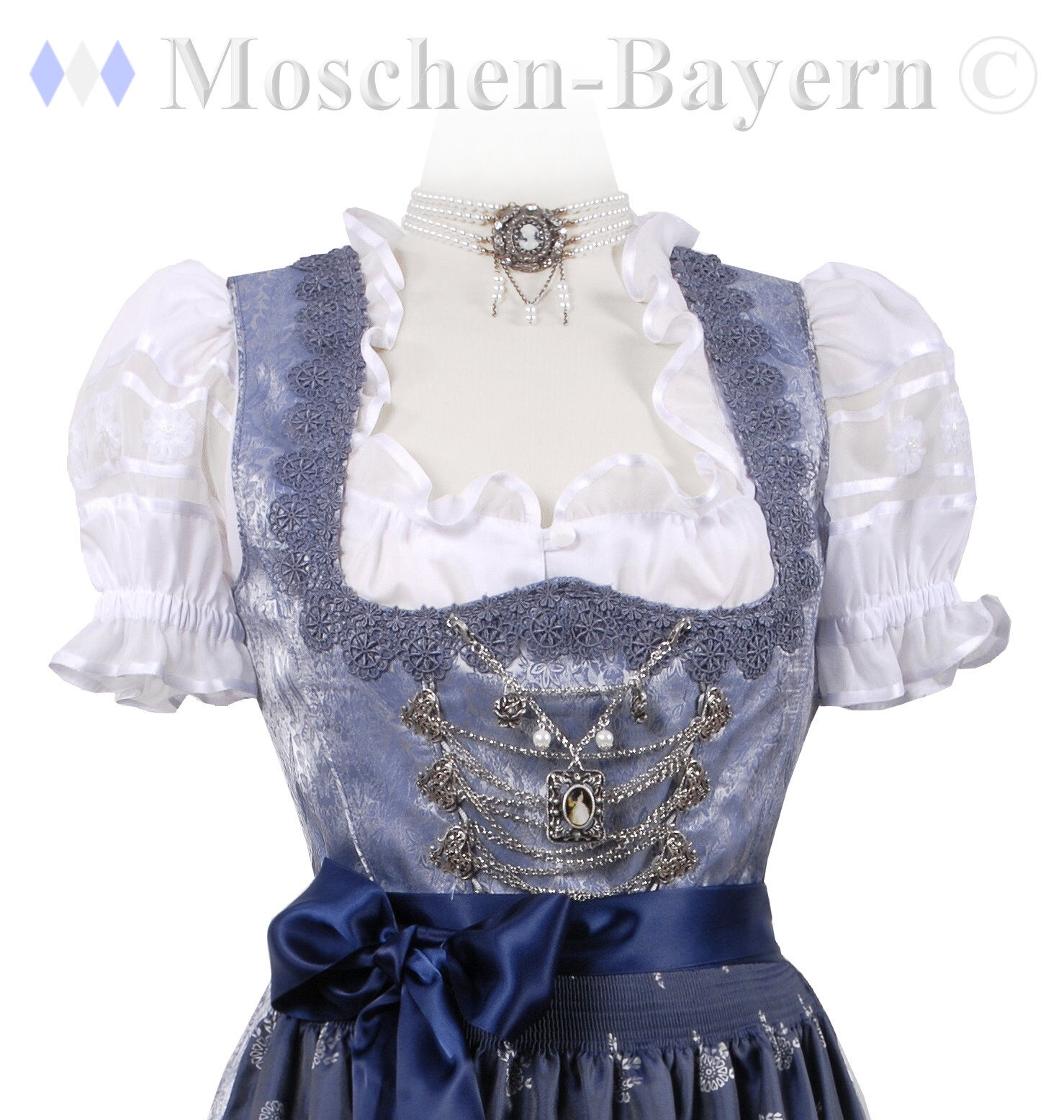 Festliches Midi-Dirndl - kurzes Dirndl mit edler Satinschürze Blau-Silber Festliches Midi-Dirndl - kurzes Dirndl mit edler Satinschürze Blau-Silber