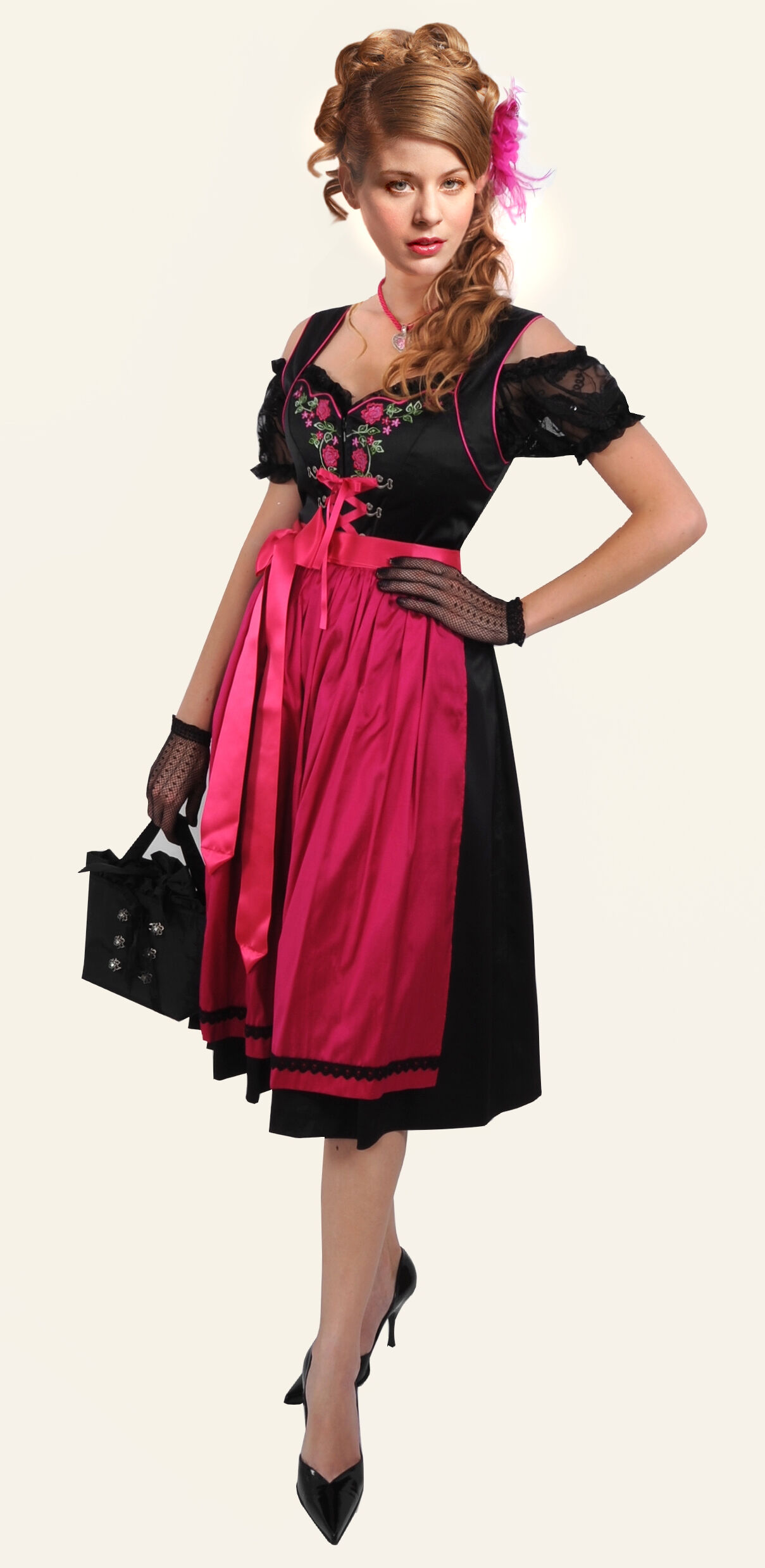 PREMIUM Designer-Dirndl Seidendirndl - festliches Midi-Dirndl Schwarz-Pink PREMIUM Designer-Dirndl Seidendirndl - festliches Midi-Dirndl Schwarz-Pink