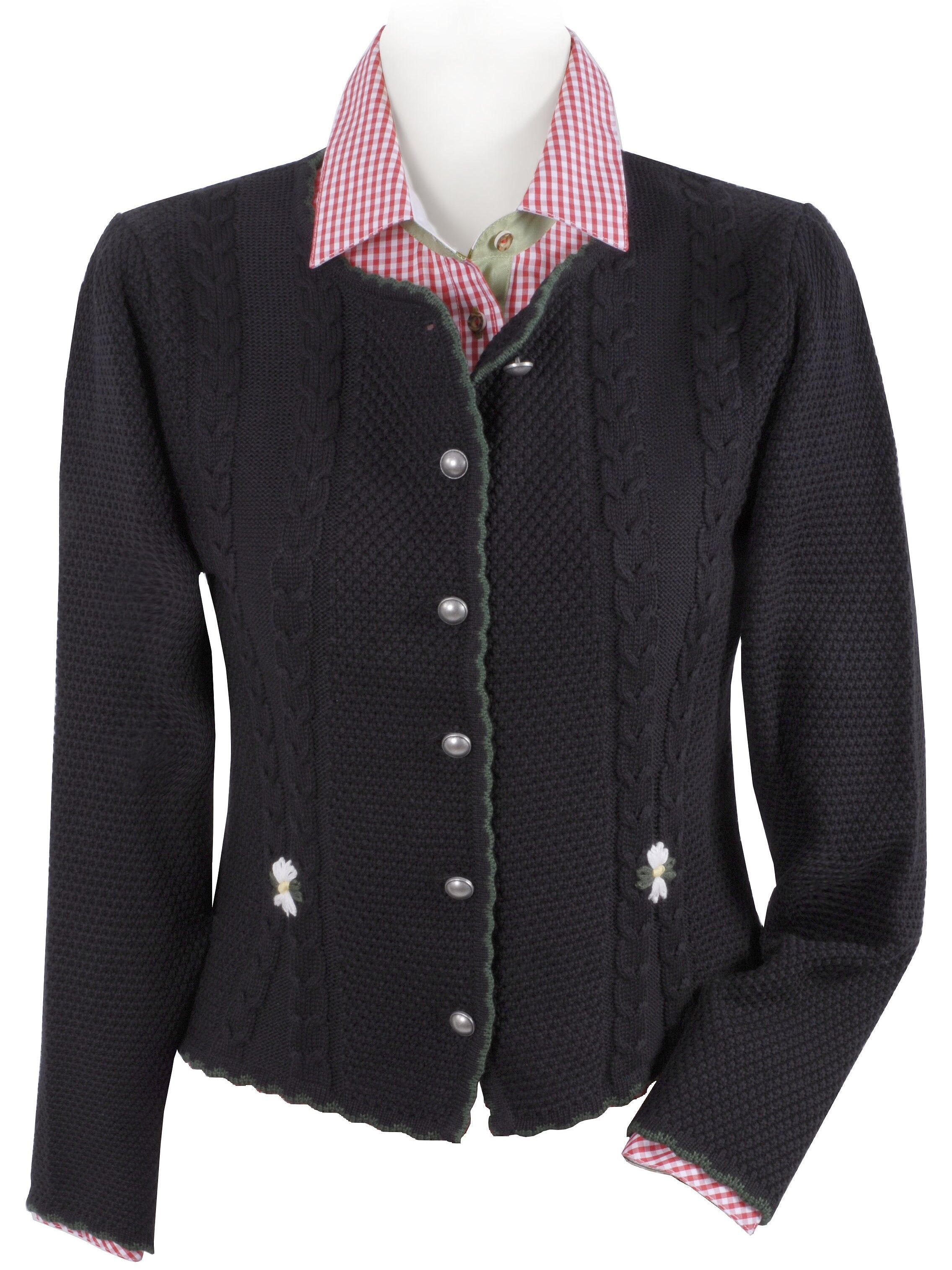 Trachtenstrickjacke Damen - kurze Dirndljacke Schwarz mit Edelweiß-Stickerei Trachtenstrickjacke Damen - kurze Dirndljacke Schwarz mit Edelweiß-Stickerei