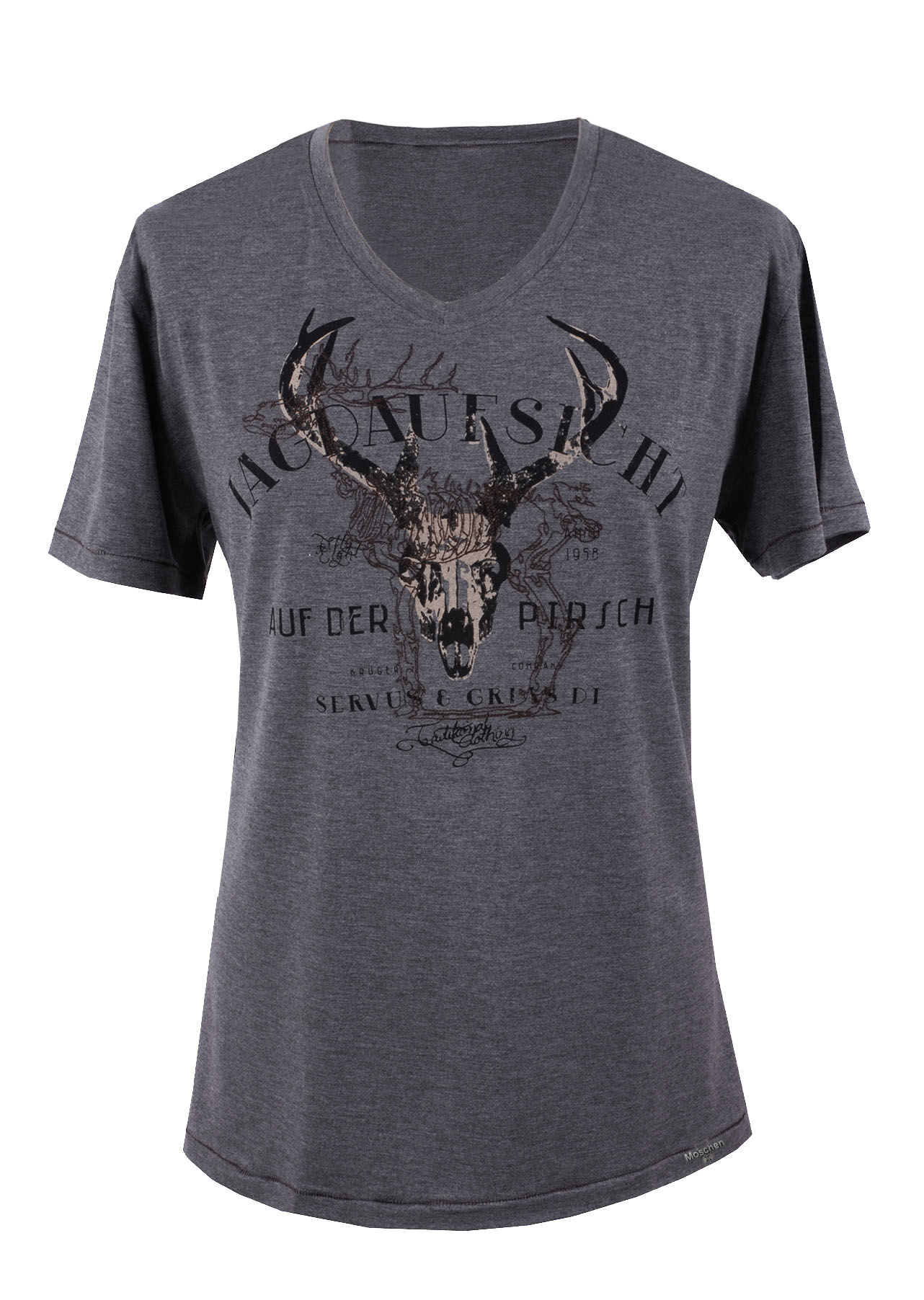 Trachtenshirt T-Shirt Herren Grau Hirsch-Motiv Kurzarm Trachtenshirt T-Shirt Herren Grau Hirsch-Motiv Kurzarm