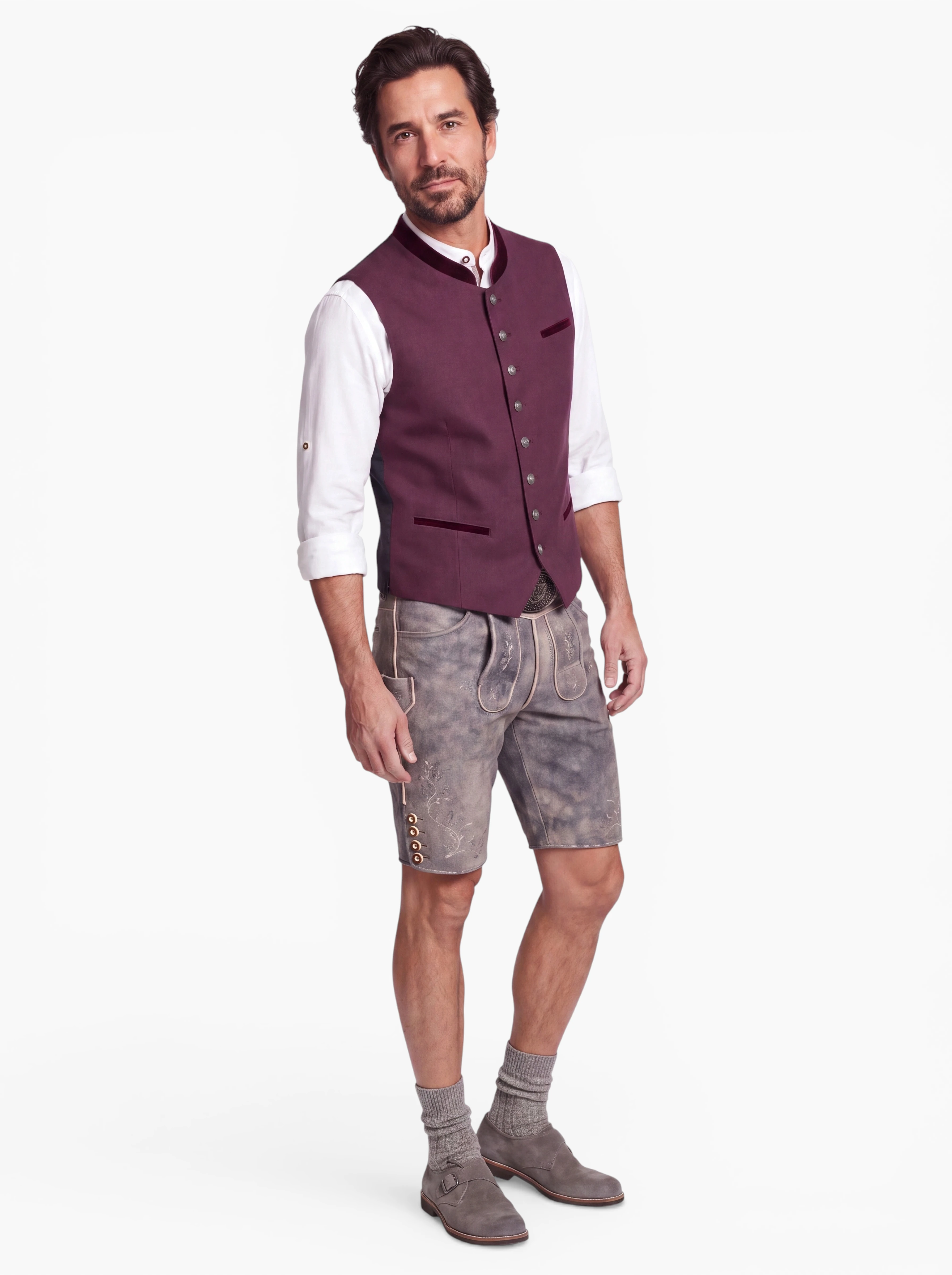 Stretch Trachtenweste Kuno Bordeaux – Elegantes Herren Gilet mit Samtbesatz