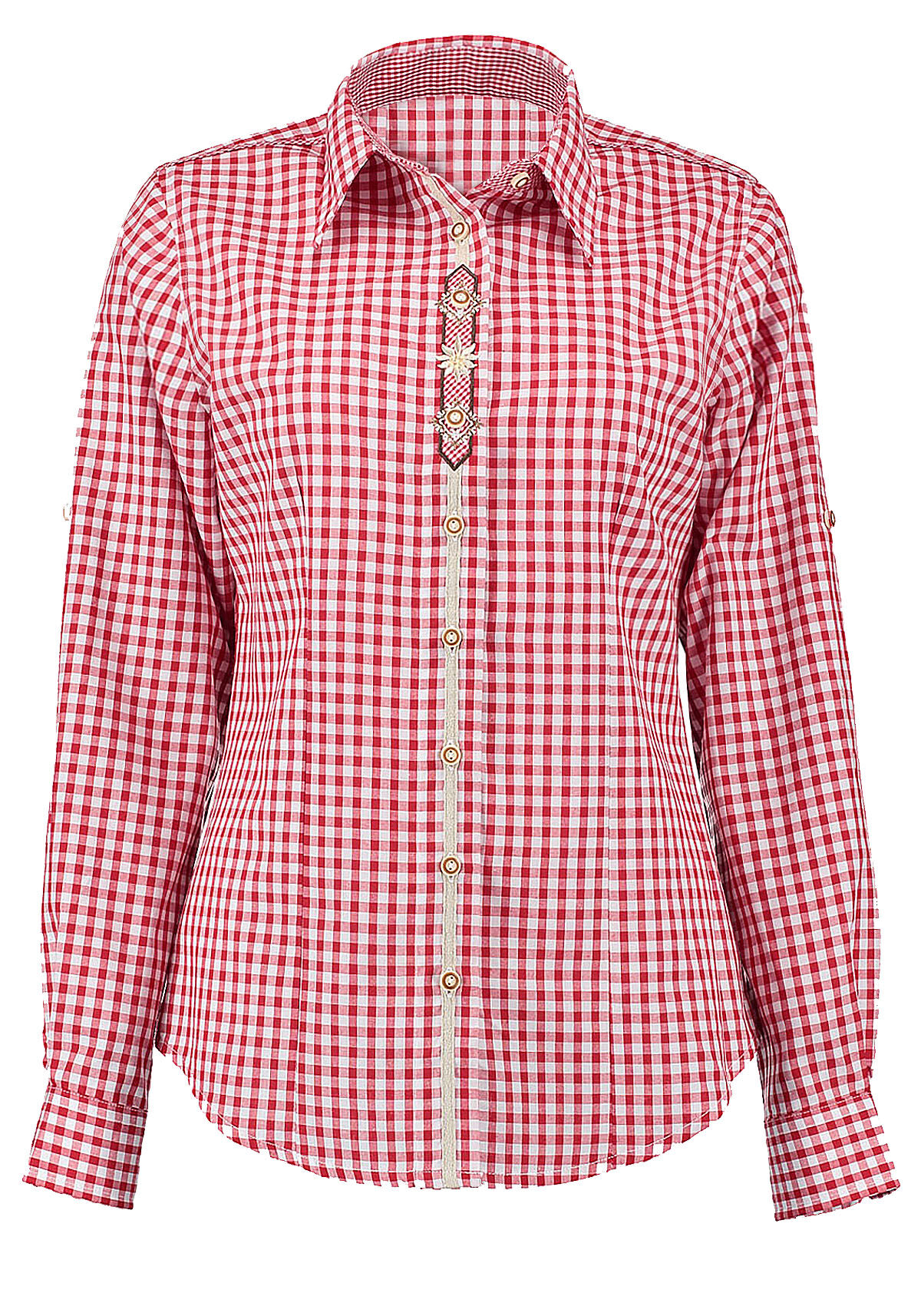 Trachtenbluse Damen kariert Langarm Edelweiß Stickerei Blau + Rot  Trachtenbluse Damen kariert Langarm Edelweiß Stickerei Blau + Rot