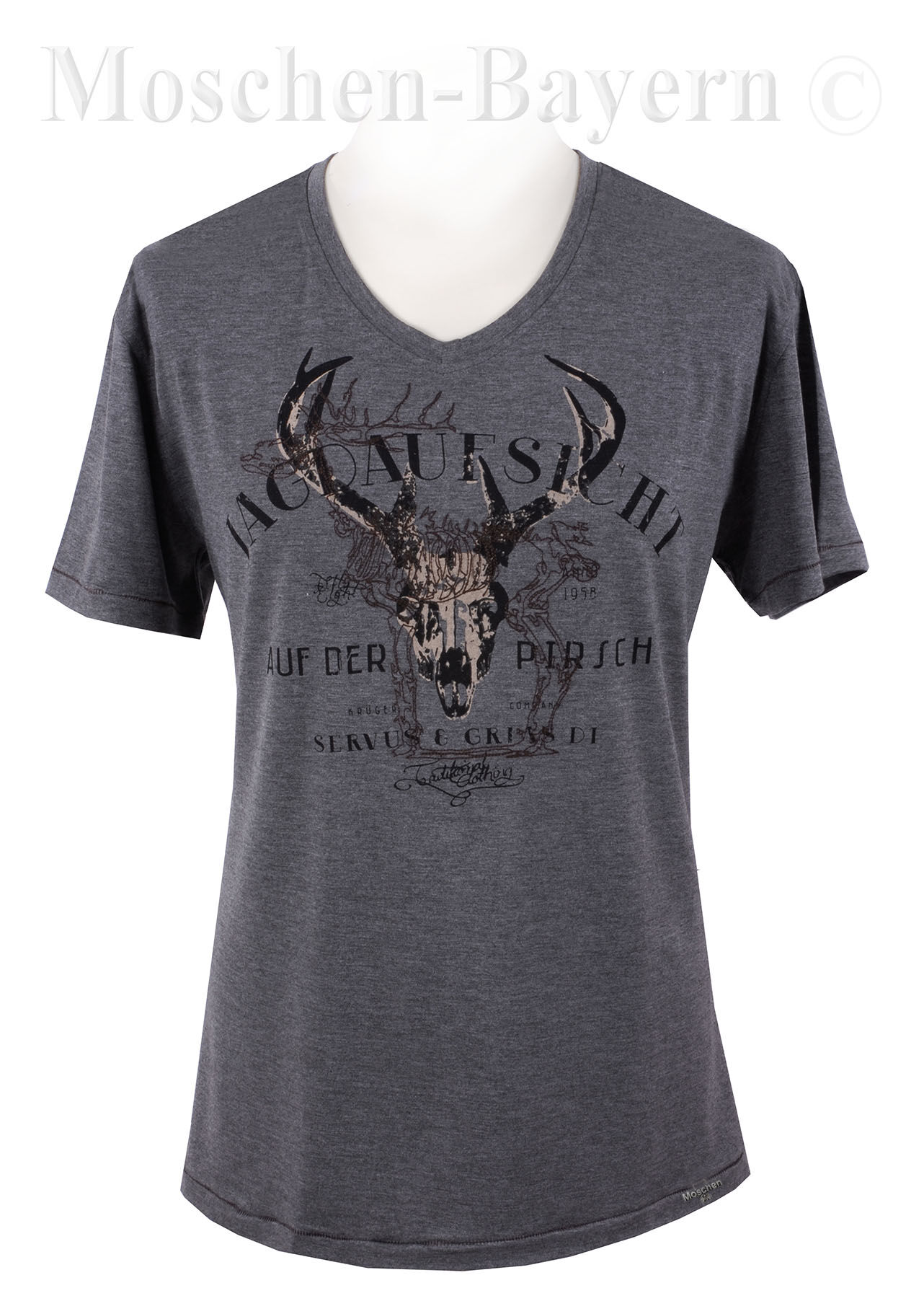 Trachtenshirt T-Shirt Herren Grau Hirsch-Motiv Kurzarm Trachtenshirt T-Shirt Herren Grau Hirsch-Motiv Kurzarm