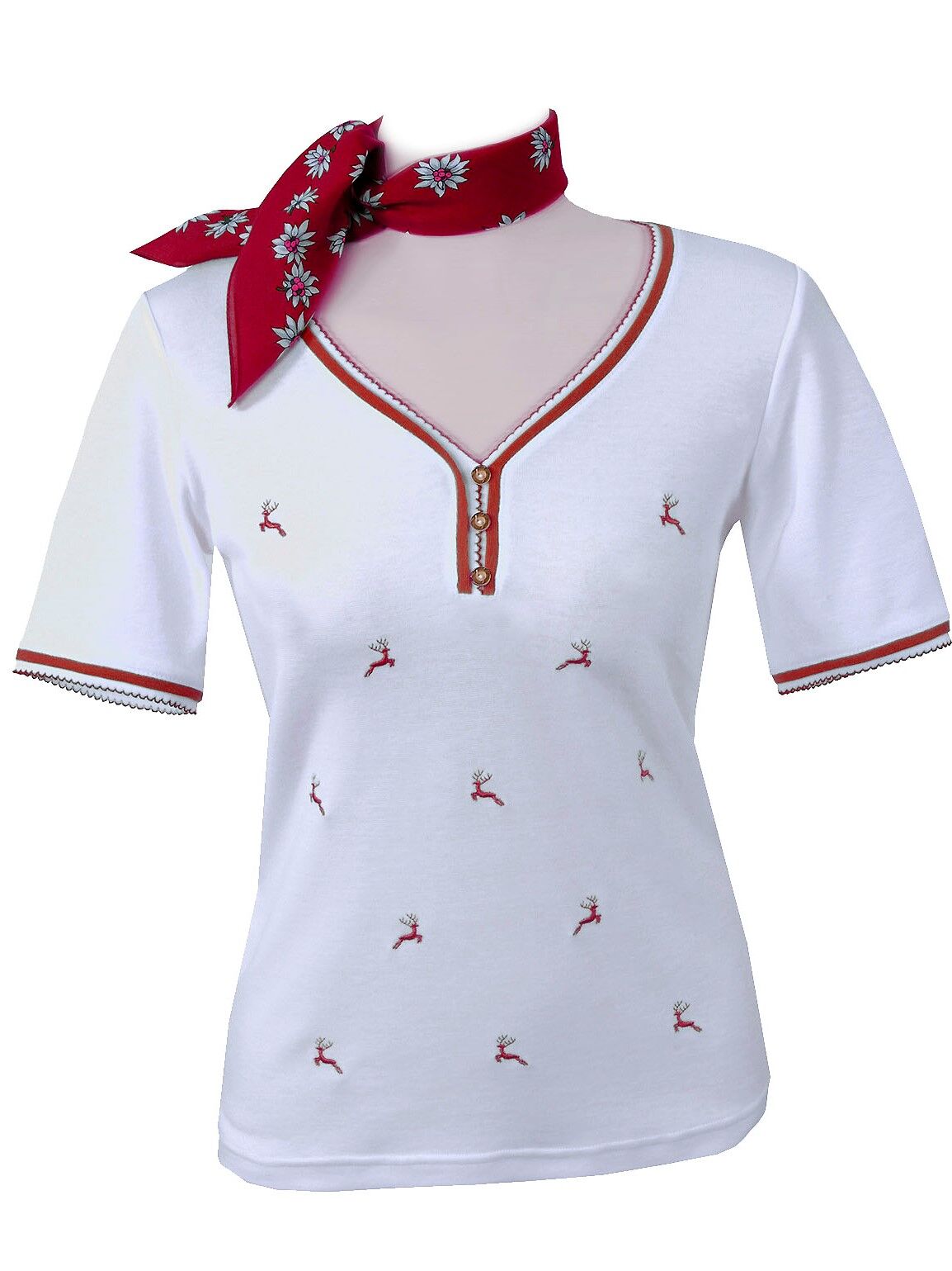 Premium Trachtenshirt Damen T-Shirt Hirsch-Stickerei Weiß-Rot Premium Trachtenshirt Damen T-Shirt Hirsch-Stickerei Weiß-Rot