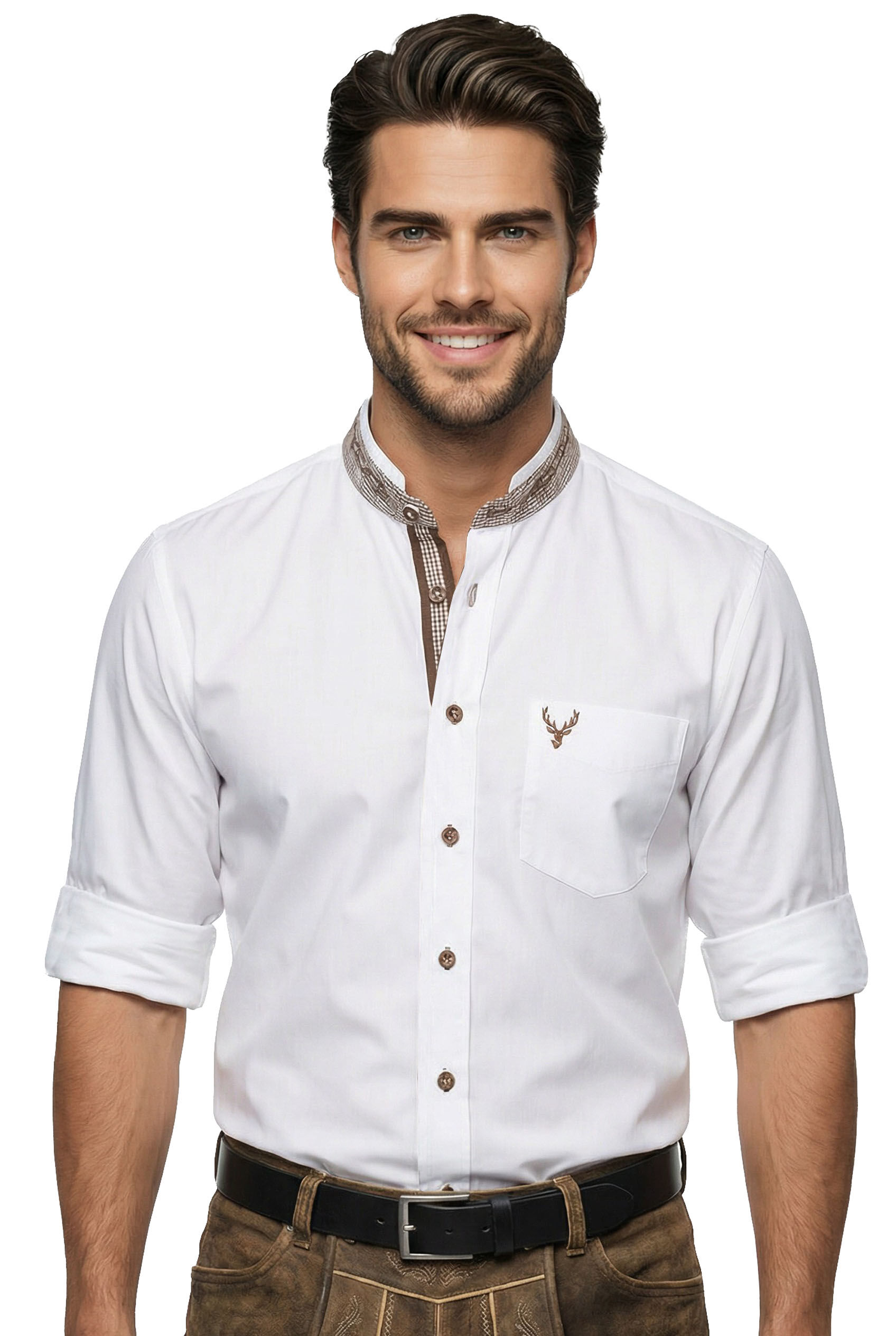 Trachtenhemd Weiß/Braun SLIMFIT Stehkragen
